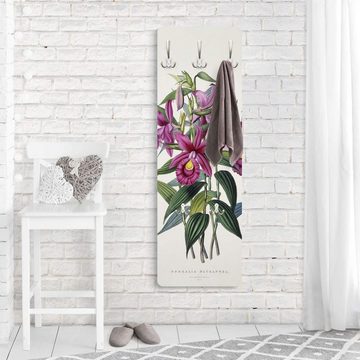 Bilderdepot24 Garderobenpaneel violett Blumen Floral Kunst Retro Vintage Maxim Gauci - Orchidee I (ausgefallenes Flur Wandpaneel mit Garderobenhaken Kleiderhaken hängend), moderne Wandgarderobe - Flurgarderobe im schmalen Hakenpaneel Design