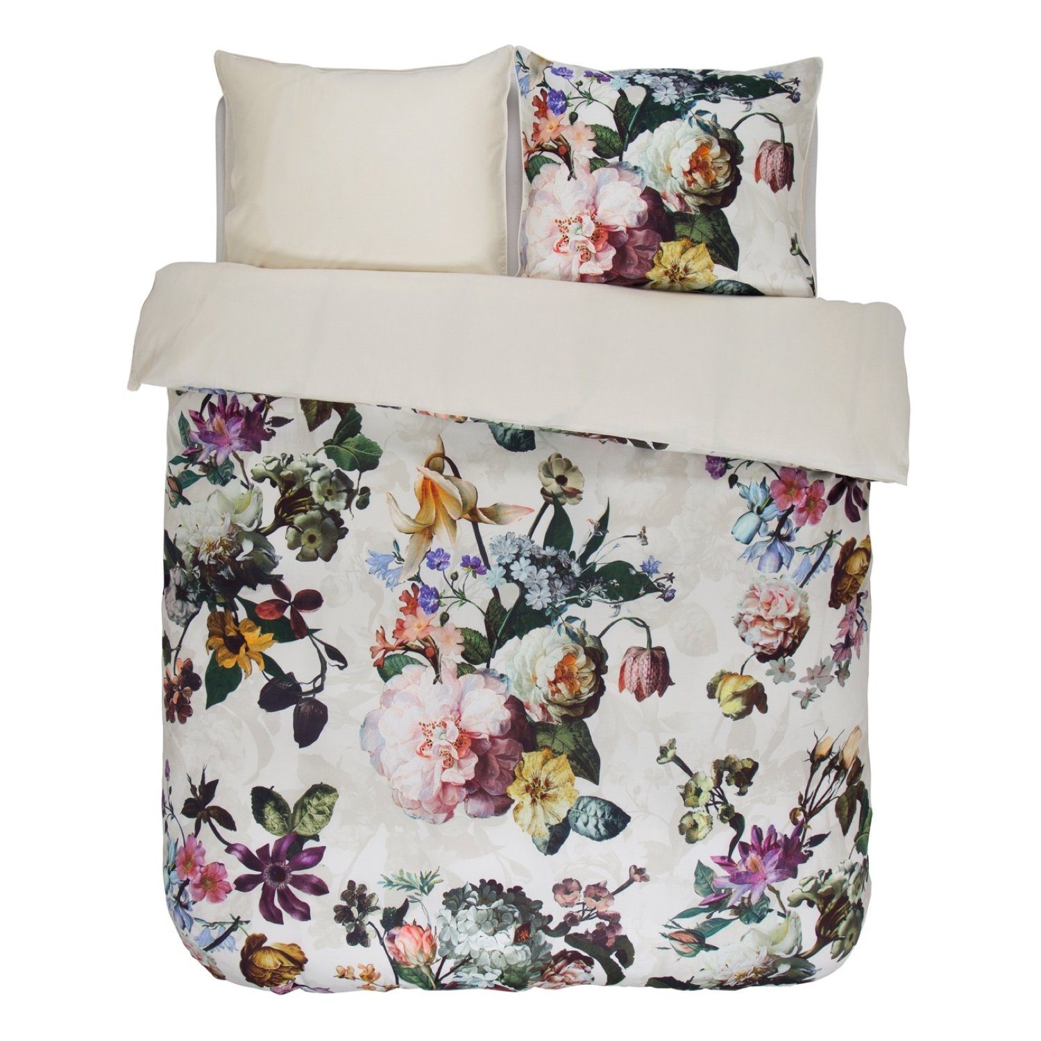 Essenza Bettwäsche Fleur Ecru Satin, Satin, 3 teilig, Rosen, Lilien, Dahlien, Geblümt
