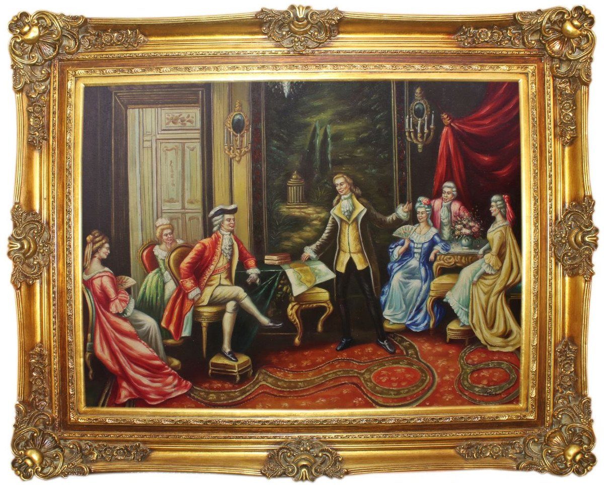 Casa Padrino Ölgemälde Barock Ölgemälde Der Vortrag Mehrfarbig / Gold 160 x 10 x H. 130 cm - Handgemaltes Gemälde mit prunkvollem Rahmen im Barockstil - Barockstil Deko