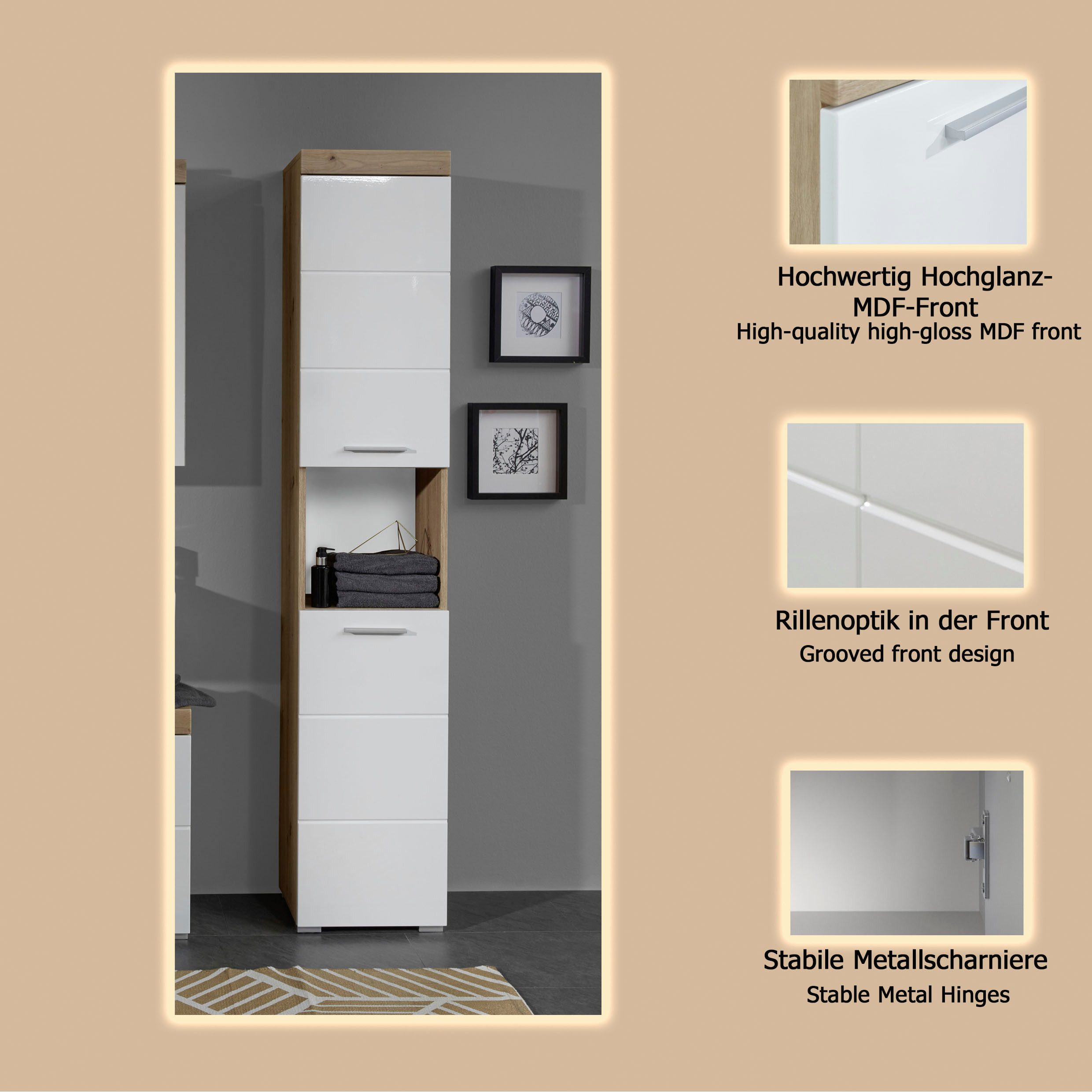 welltime Hochschrank Avena Badschrank mit 2 Türen & 1 Fach - (B/T/H) 37/31/190 cm