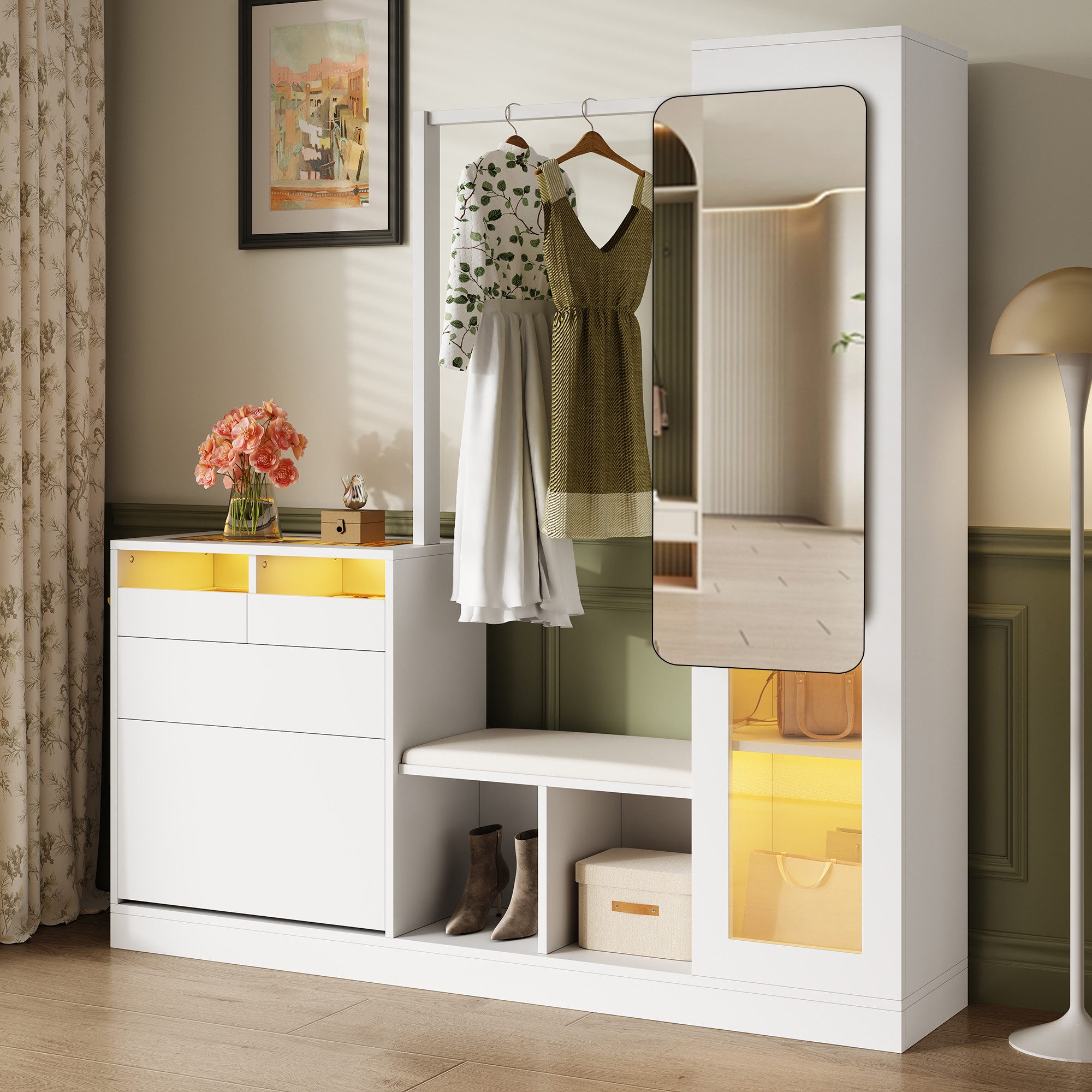 Merax Garderoben-Set 6-in-1 Garderobenschrank Eingangsbereich-Schrank mit LED, (platzsparender Eingangsbereich-Schrank aus Spanplatte, 1-St., 163x161x35cm), Flurschrank mit Spiegel, Schuhschrank, Kleiderstange,9 Stauraumfächern