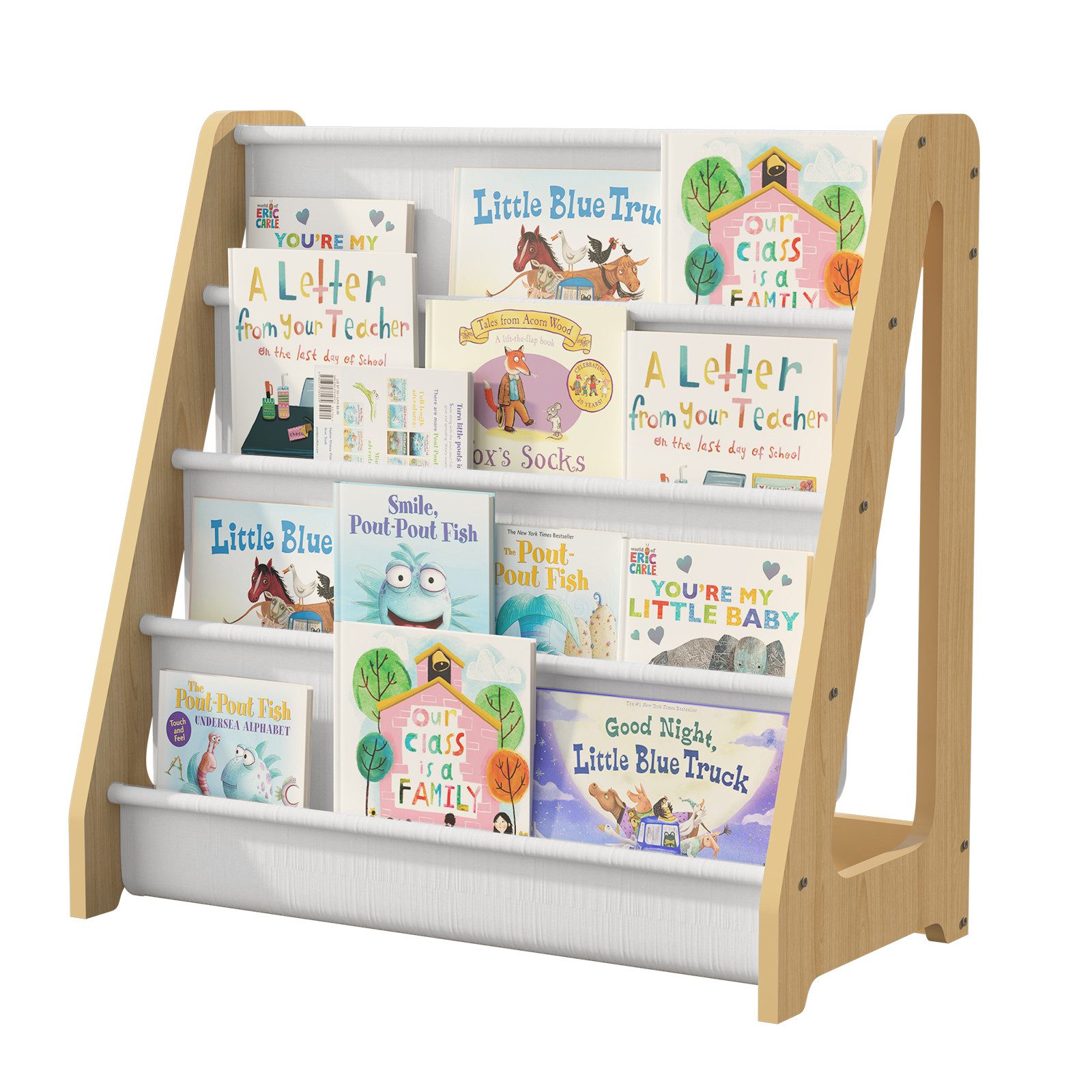 radelldar Bücherregal 4 Etagen Kinderregal, mit 4 Taschen, aus Holz, Vliesstoff, 60x30x60cm