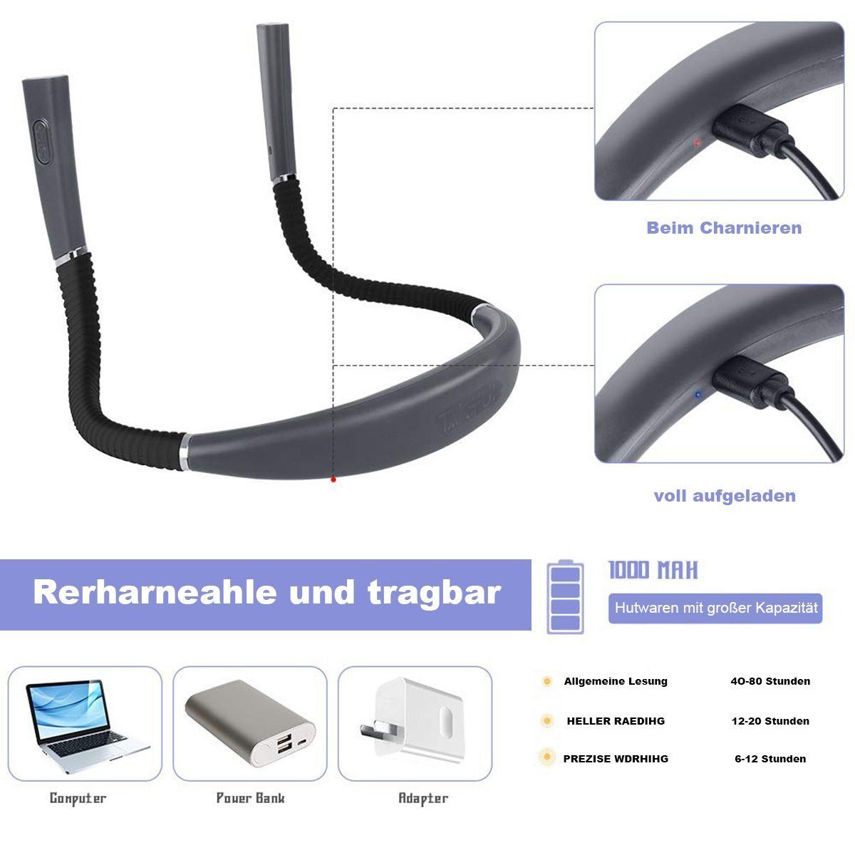 Hals-Leseleuchte,Buchleuchte DOPWii Grau Leselampe LED zum Lesen,3 Helligkeitsstufen Farben,6