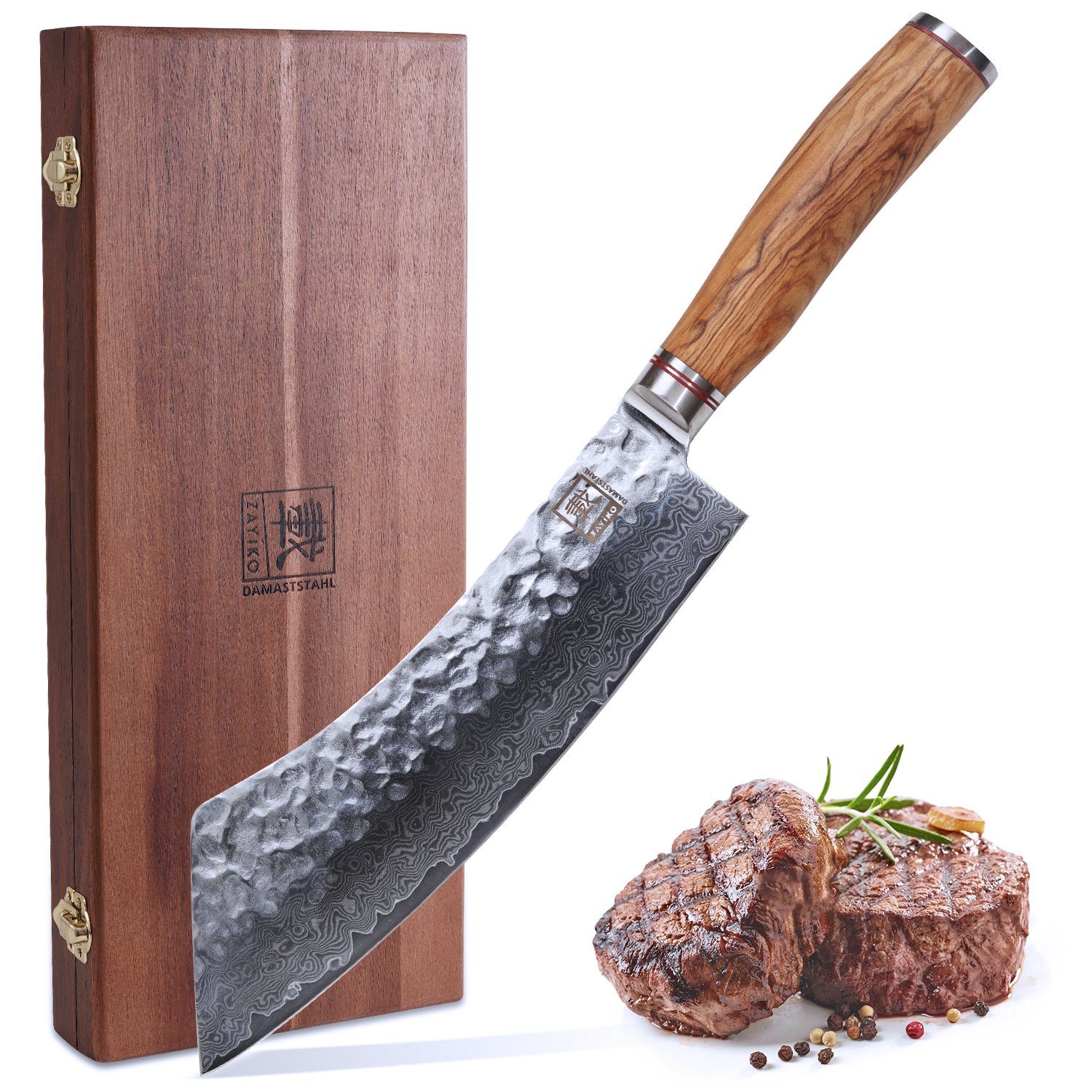 OTTO Asiamesser Minami Damast Blockmesser I 22,5 cm Klinge I Olivenholzgriff I Holzbox, Hammerschlag auf Klinge