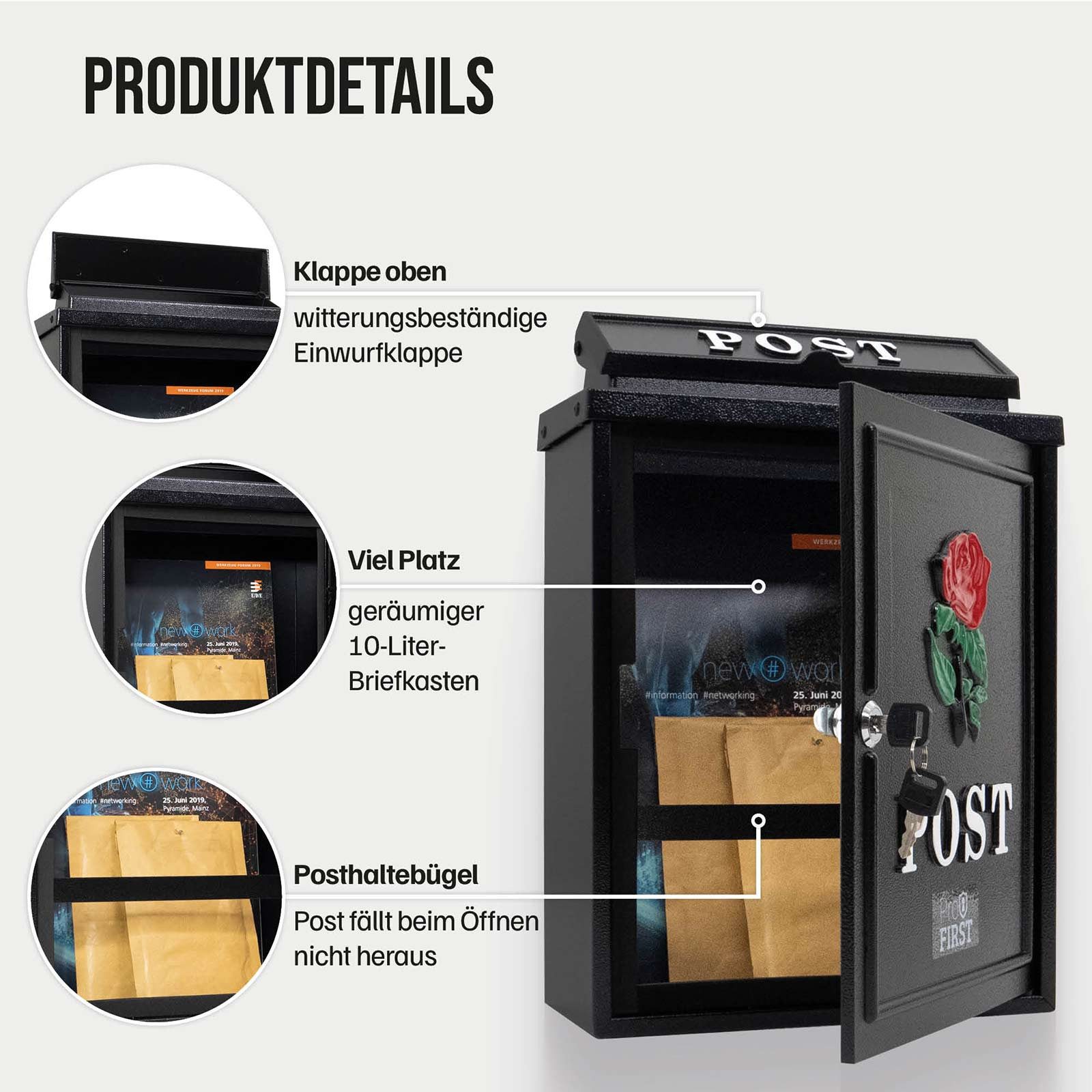 Profirst Briefkasten DaytonaRose Mailbox Wandbriefkasten aus Stahl, schwarz – Bild 5 von 5