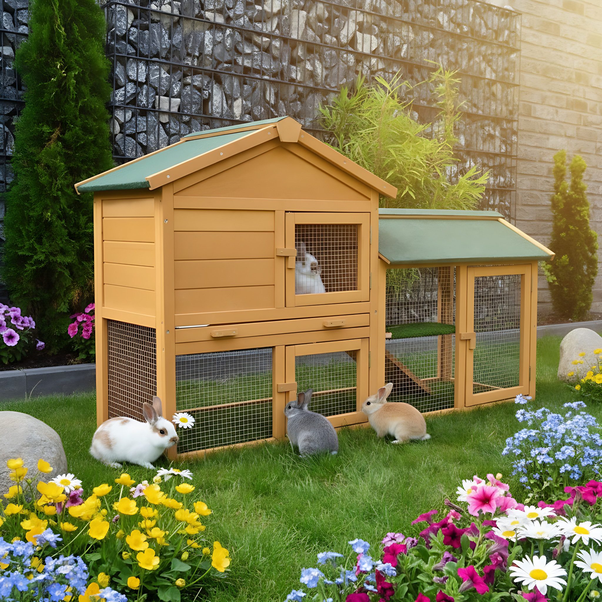 Zooprinz Kleintierstall Villa mit Auslauf 147x85x53 cm (BxHxT), Metall Kotschubladen - Kiefernholz mit Auslaufgehege