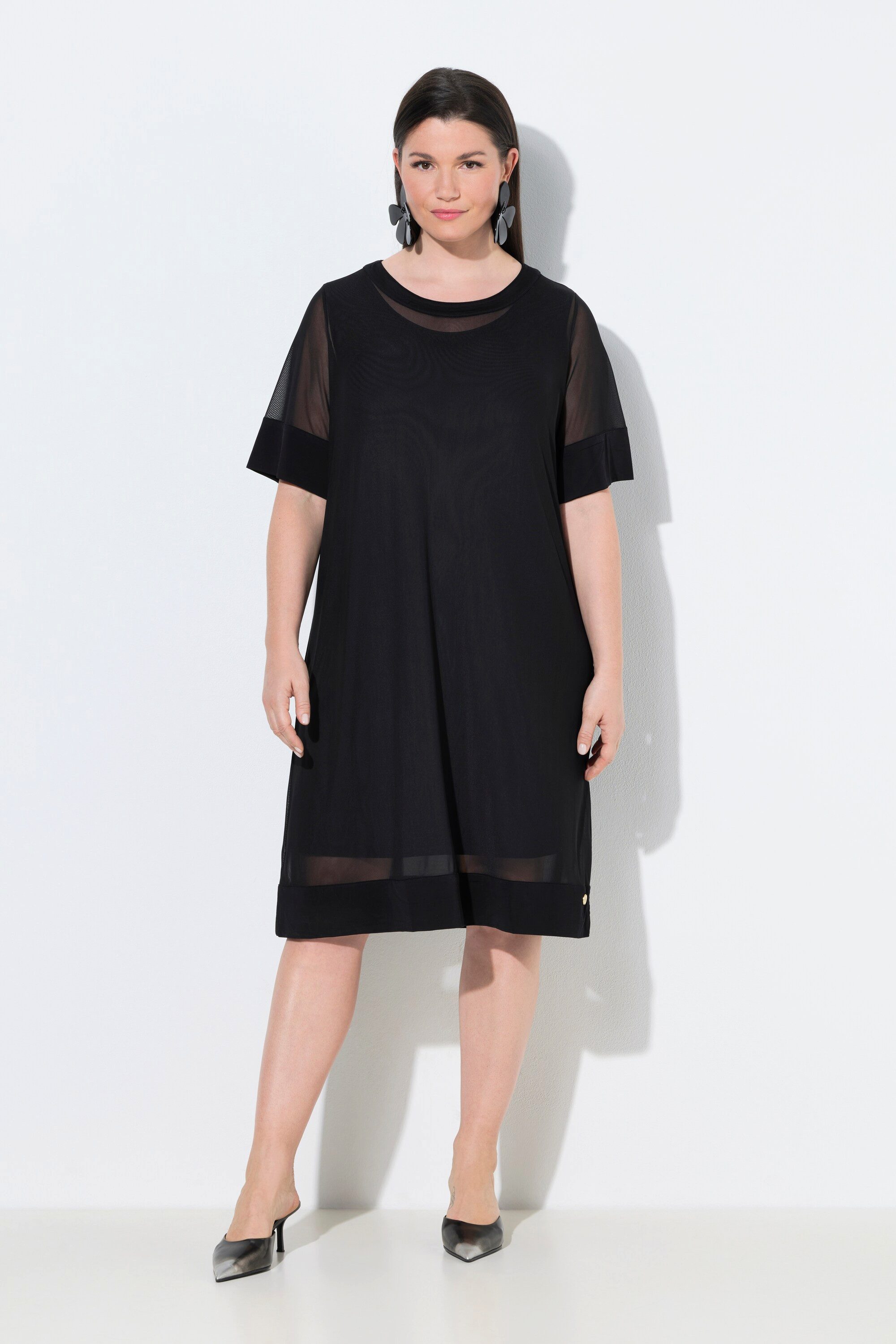 Ulla Popken Cocktailkleid Slinky-Kleid Mesh-Überkleid Rundhals 3/4-Arm günstig online kaufen
