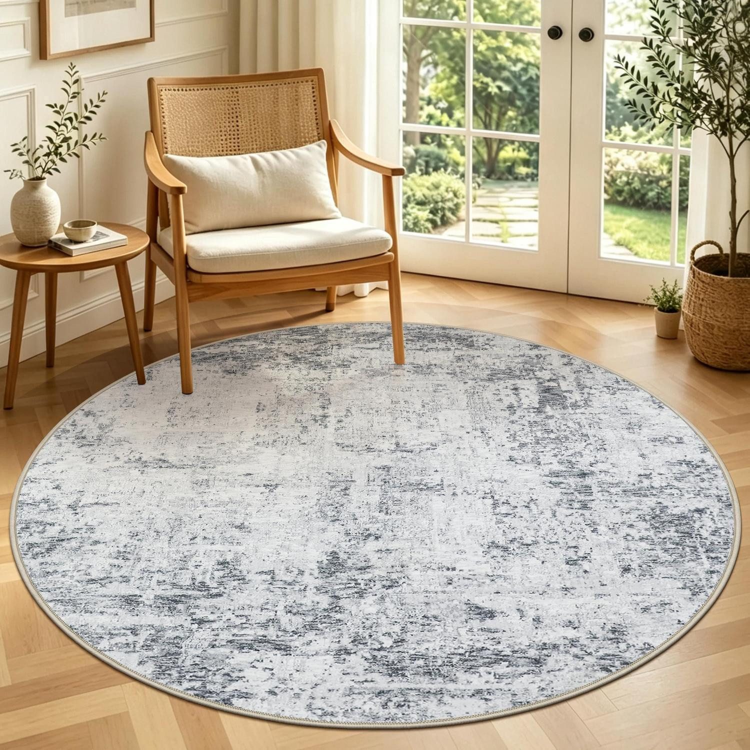 LuxusKollektion Designteppich Teppich Rund Grau Abstrakt ø135cm Waschbar Rutschfest, rund, Höhe: 10 mm