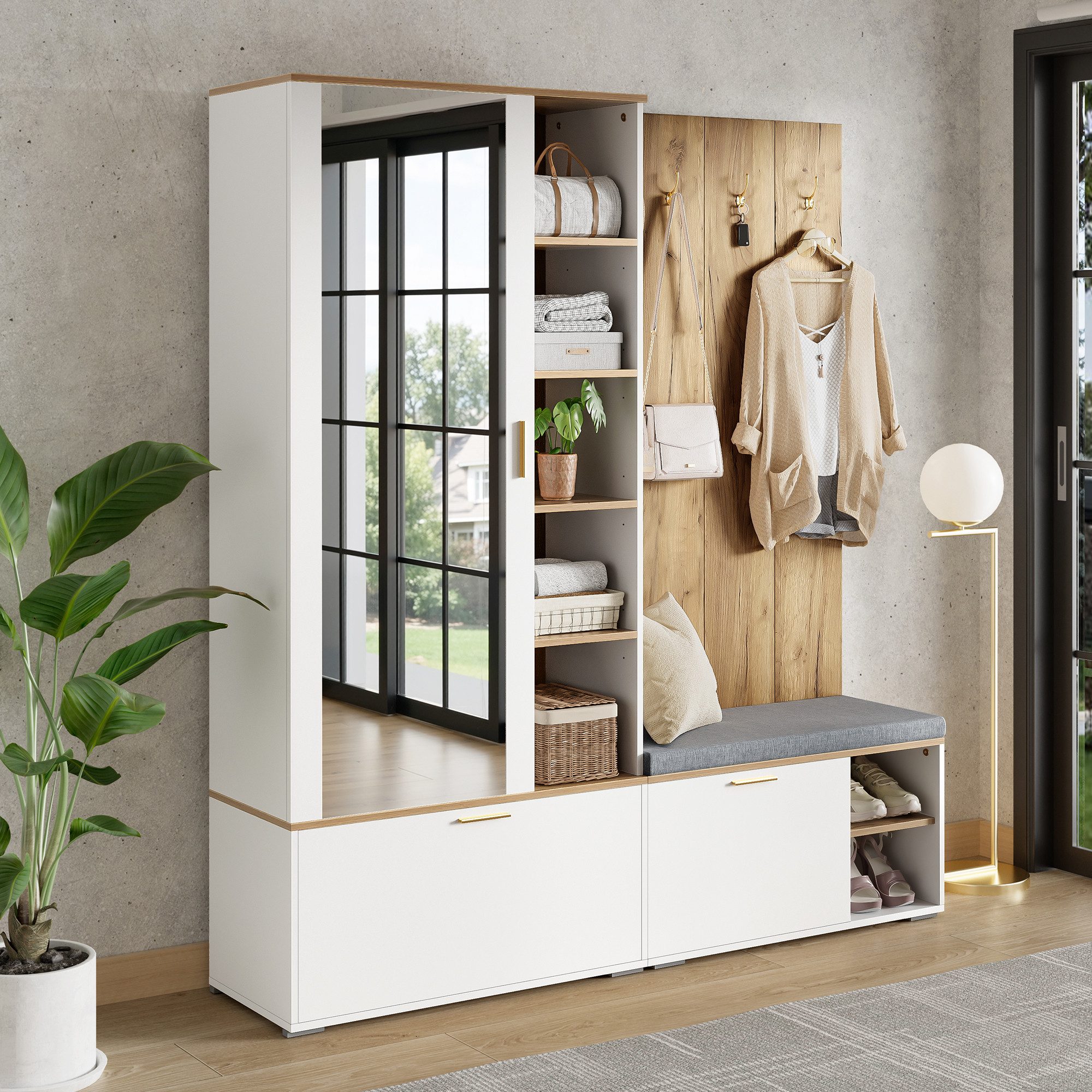 Merax Garderoben-Set Garderobenset, Schuhschrank mit Klappen, Sitzbank, (1-St., Kleiderschrank mit ausziehbarer Kleiderstange, 4 Haken, Spiegel), Garderobenstän – Bild 2 von 5
