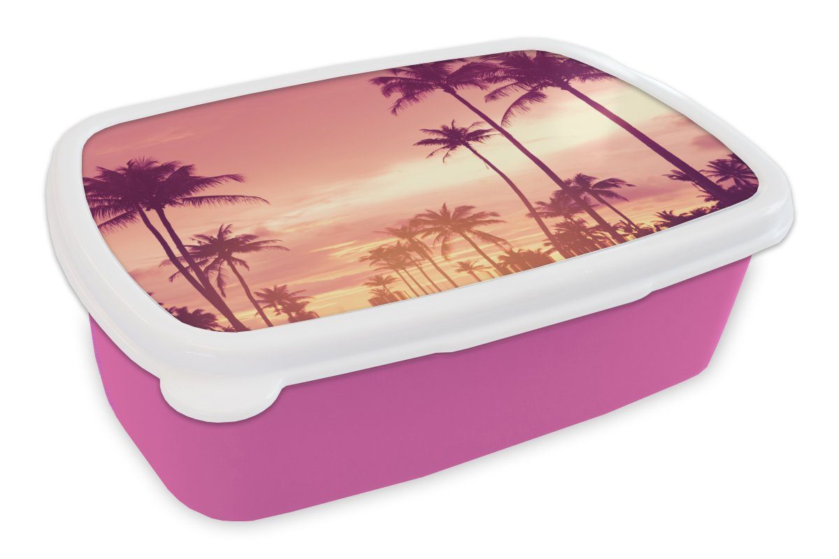 MuchoWow Lunchbox Himmel - Palme - Abend - Natur - Tropisch, Kunststoff, (2-tlg), Brotbox für Erwachsene, Brotdose Kinder, Snackbox, Mädchen, Kunststoff rosa