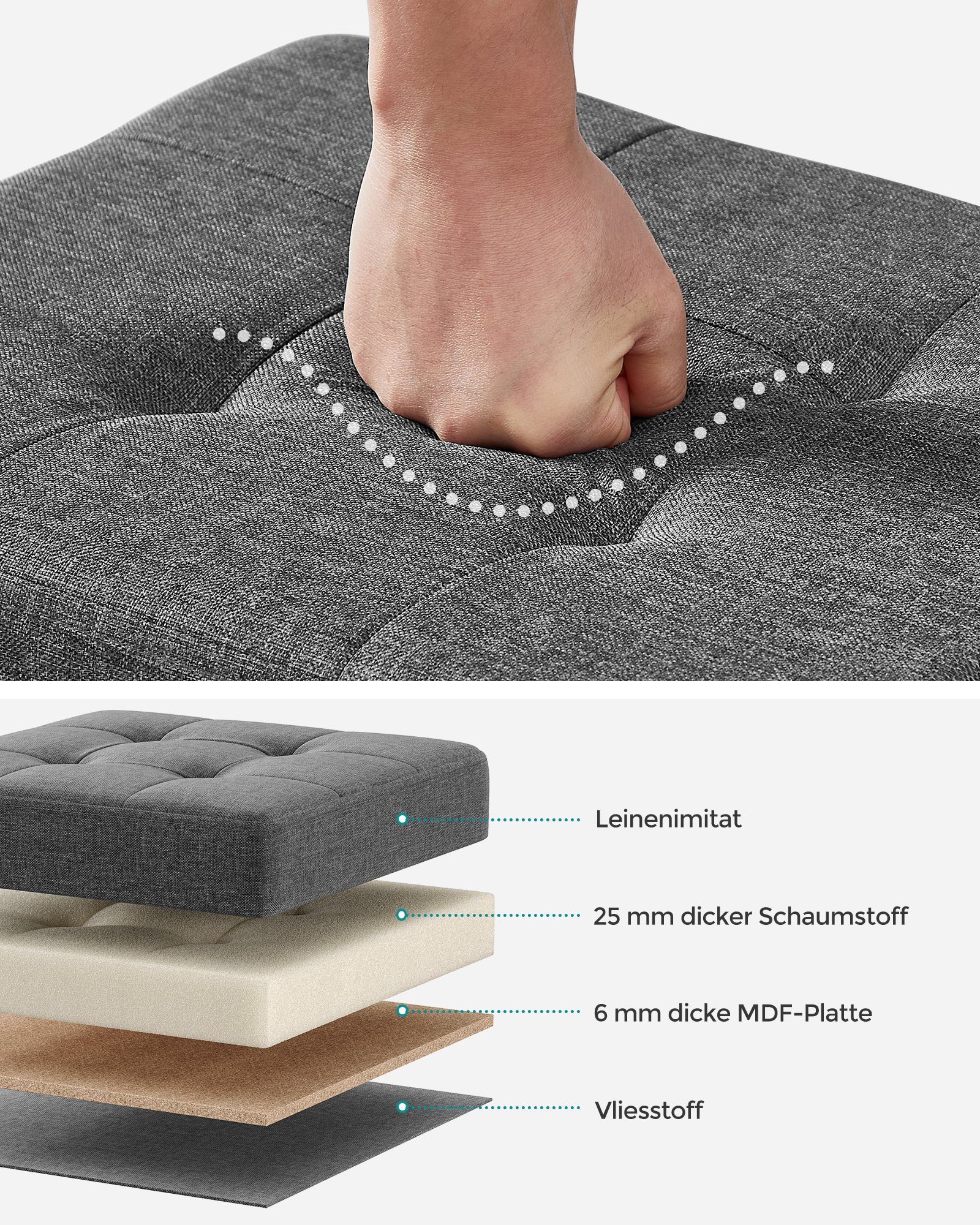 SONGMICS Sitzhocker Sitzbank, 32 x 40 x 33,5 cm, für Wohnzimmer Schlafzimmer Schlafsaal (1 St), kleine klappbare, Aufbewahrungsbox, bis 300 kg belastbar, dunkelgrau
