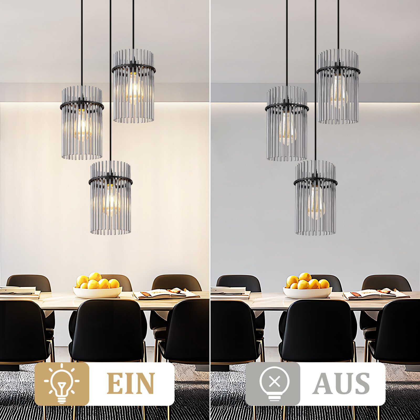 Nettlife LED Pendelleuchte Glas modern Gold/Schwarz E27 Hängelampe 3 Flammig Hängeleuchte 16cm, ohne Leuchtmittel, für esstisch esszimmer Wohnzimmer Küche – Bild 4 von 5
