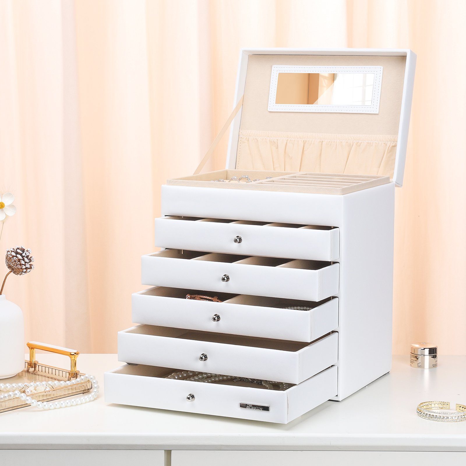 Yorbay Schmuckkasten Schmuckkästchen mit 6 Ebenen, 5 Schubladen (Mit Spiegel), zwei Farben, für Halsketten, Ringe, Armbänder, Ohrringe