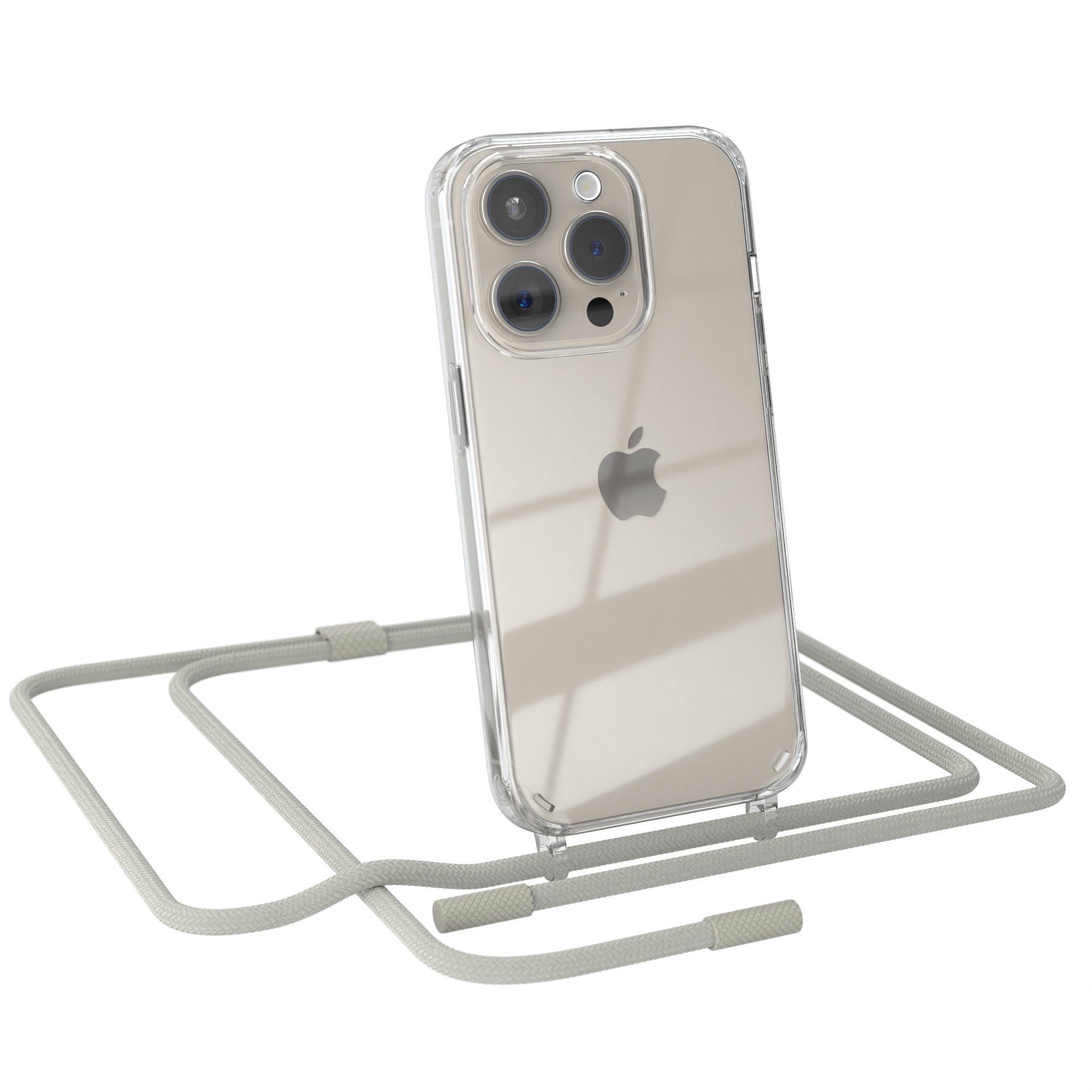 EAZY CASE Handykette Silikon Kette Unifarbe für Apple iPhone 15 Pro 6,1 Zoll, Schutzhülle zum Umhängen Hülle mit Umhängeband Kettenhülle Grau Taupe
