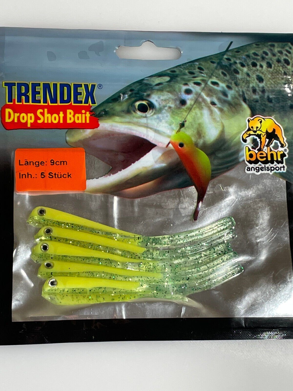 Forellenköder Bait - Drop Shot Barsch Köder 5 Shot Behr Drop 9cm Trendex Kunstköder Lemon-Glitzer