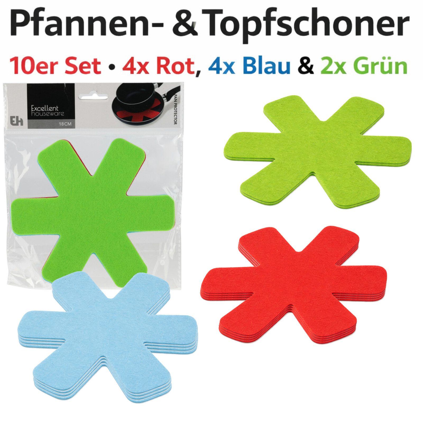 Koopman Pfannenschoner Pfannenschutz Topfschoner Ø18 cm KLEIN 10er Set, 10-tlg., Polyester, 3 Farben, 0,2cm Stärke, 6-armig, Ø18cm