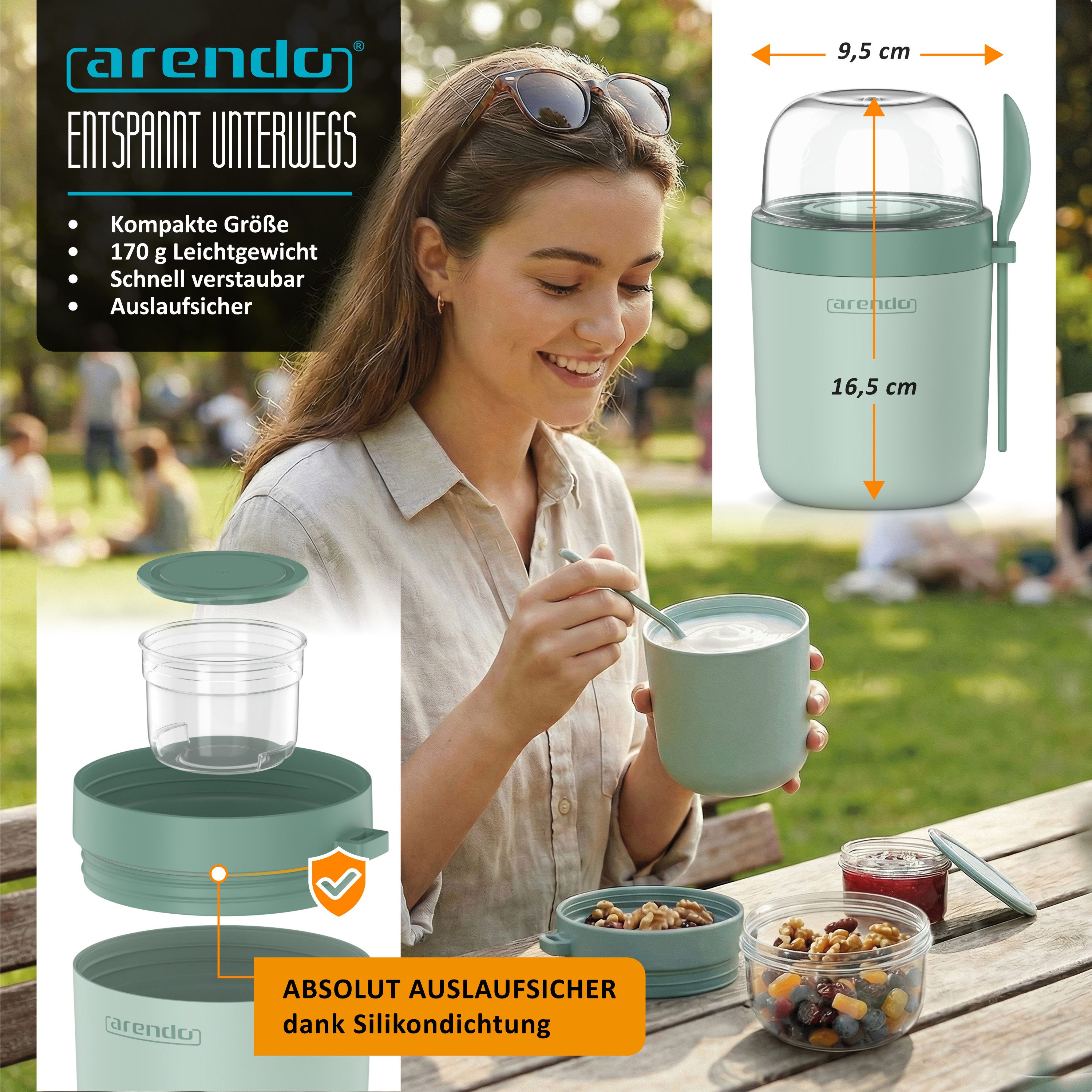Arendo Mehrwegbecher Müslibecher mit Löffel, Aufbewahrungsbecher 750ml, To Go, (1 x Joghurtbecher, 1 x Klarsichtdeckel, 1 x Dressingbox, 1 x Löffel), Joghurtbecher, 3 getrennte Behälter, Klarsichtdeckel, auslaufsicher