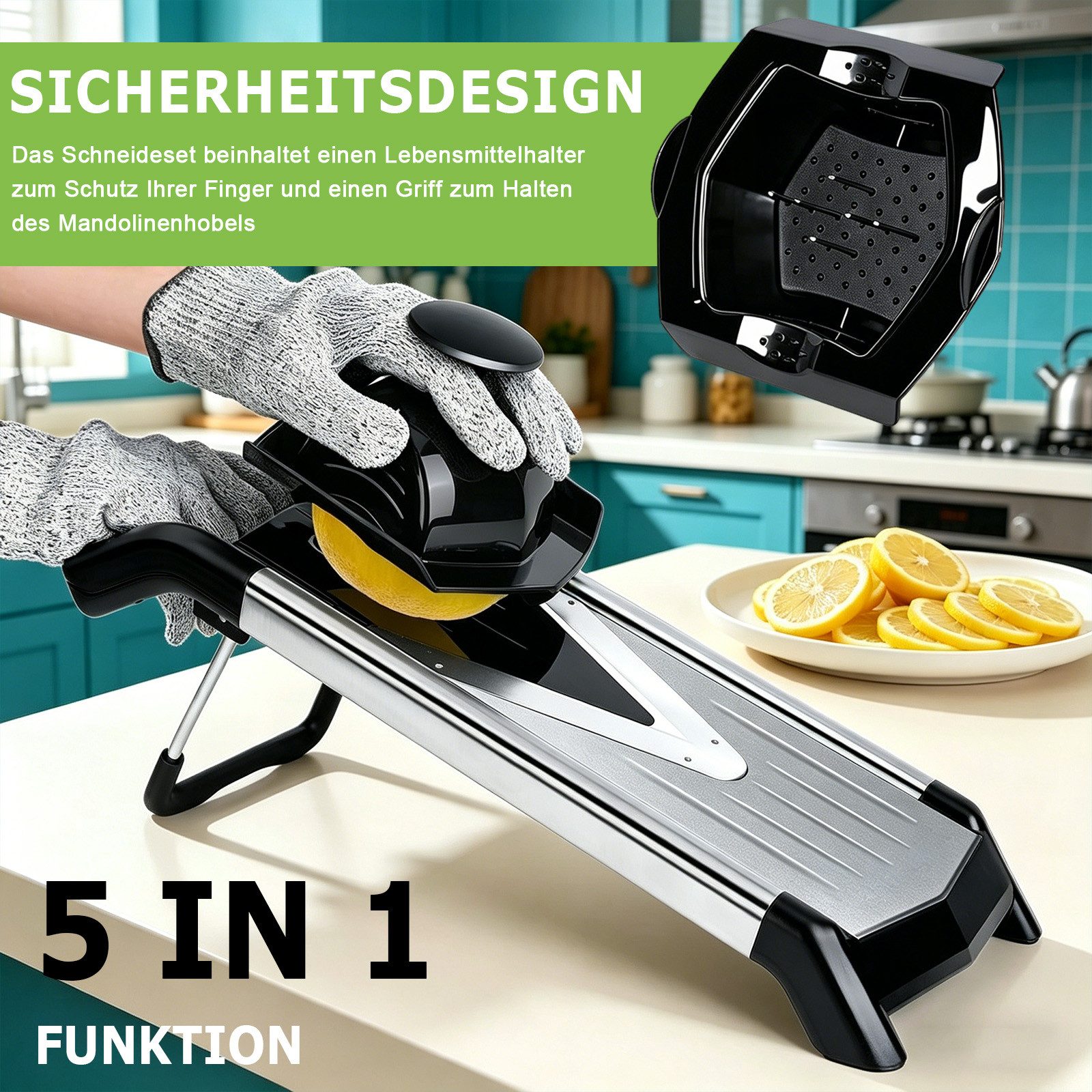 AKKEE Gemüsehobel Multifunktionaler Gemüseschneider, Einstellbare Schnittstärke, Inkl. Handschutz und Reinigungsbürste – Bild 3 von 5