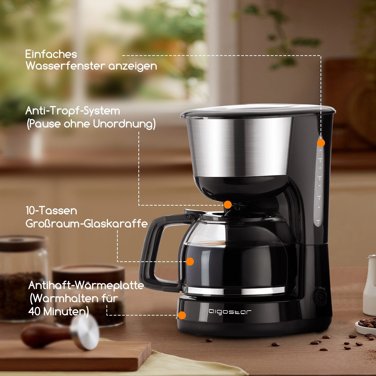 Aigostar Frühstücks-Set Kaffeemaschine 1,25L, 1000W/Toaster mit 2 Breite Toastschlitze, 750W, Warmhalteplatte, Abschaltautomatik, Tropf-Stopp