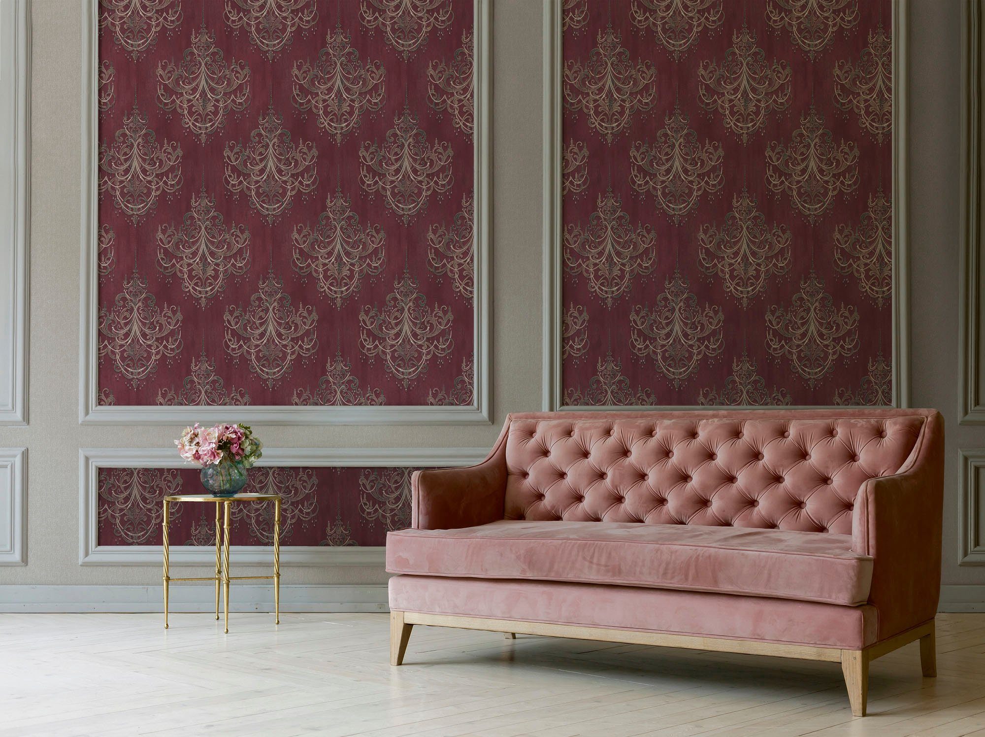 living walls gemustert, Ornament Barock, dunkelrot/rosa Mata Hari, Vliestapete Tapete ornamental, strukturiert, Barock