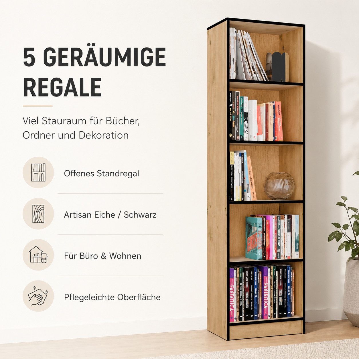 ibonto Bücherregal Bücherregal mit 5 Böden, Artisan Eiche/Schwarz