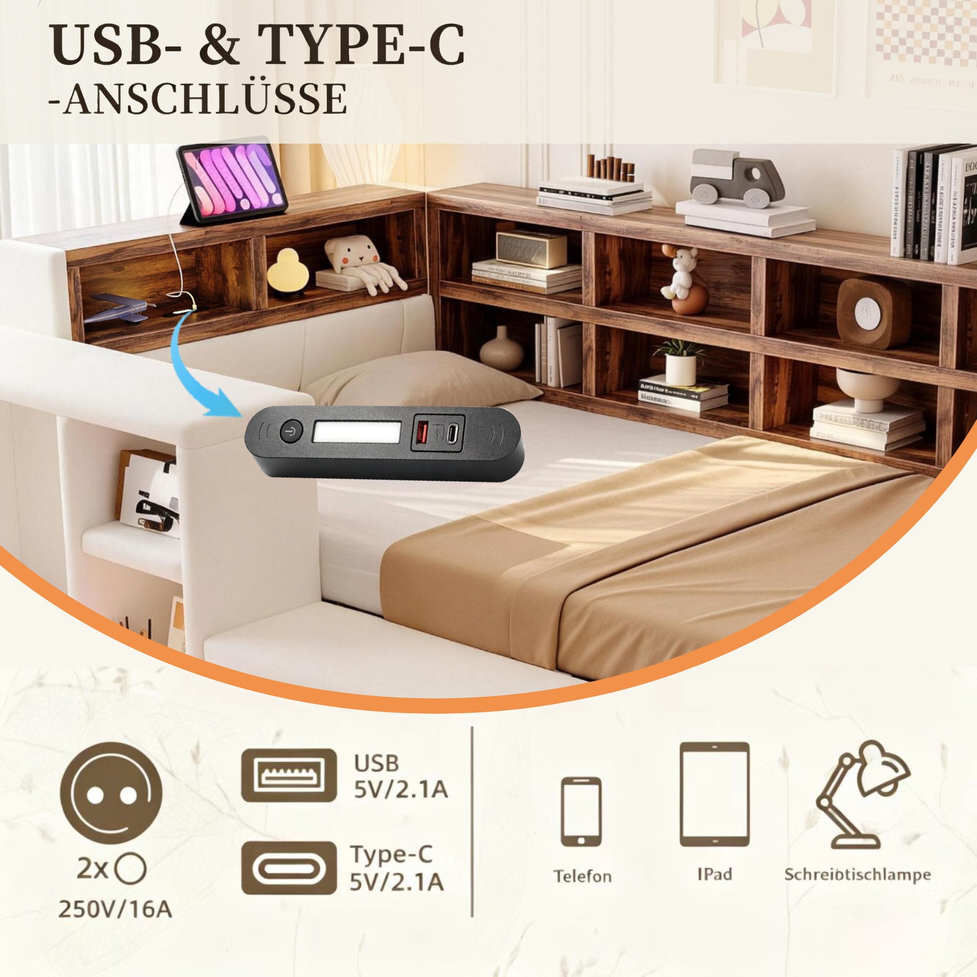 Merax Daybett 90x200cm mit LED-Beleuchtung und Steckdosen (Samt Jugendbett Sofabett Schlafsofa Kinderbett, 1 tlg), Polsterbett mit gepolstertem Kopfteil, Staura – Bild 4 von 5