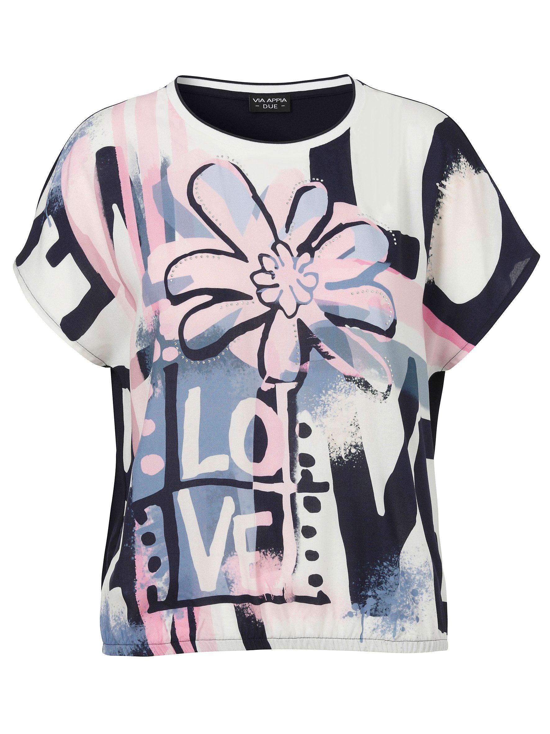 Blusentop Bluse Rundhals ohne Arm Druck Strass