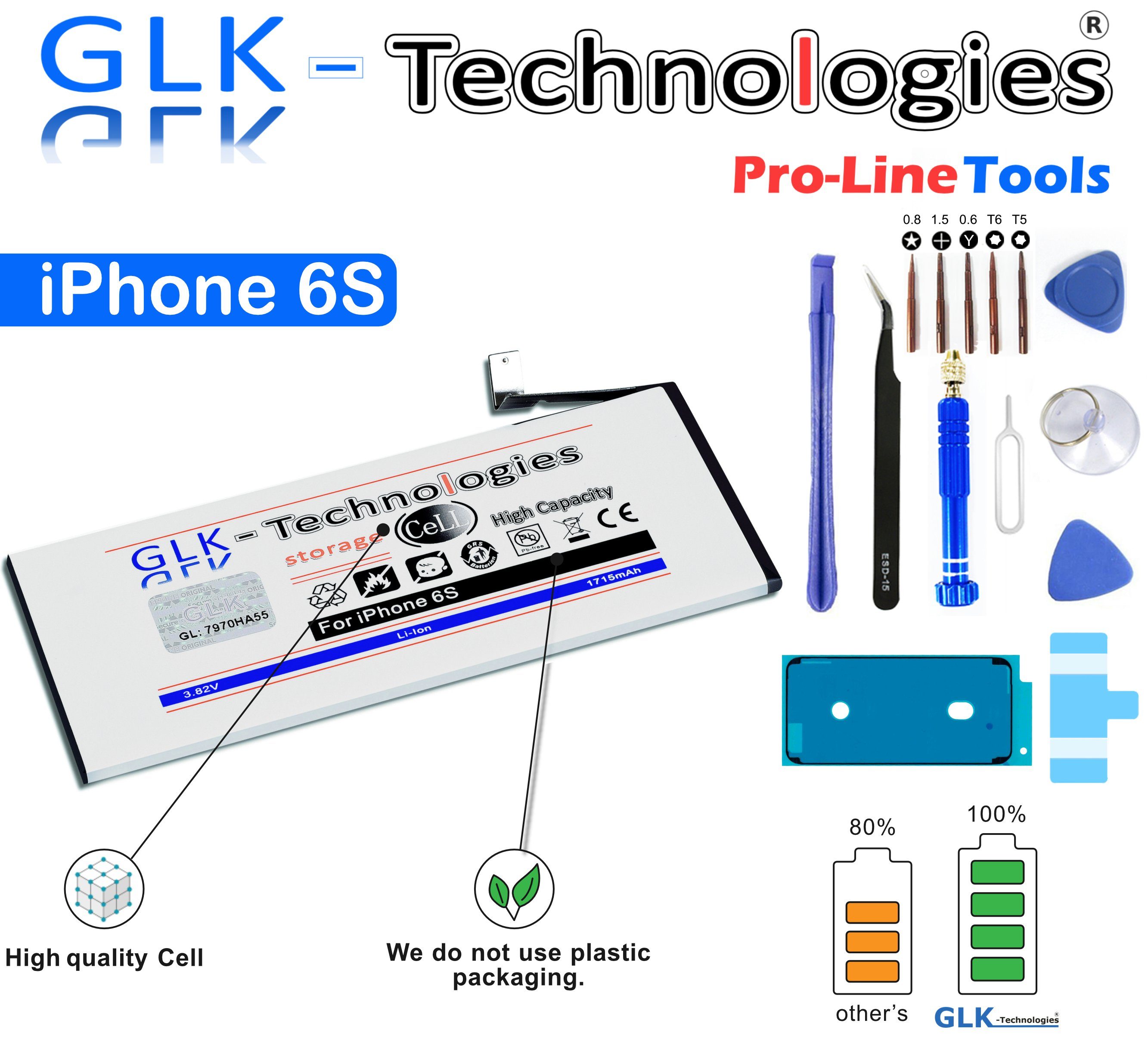 GLK-Technologies High Power mit iPhone mAh 1715 6S V) Öffnungswerkzeug Smartphone-Akku Akku für Ersatz (3,83