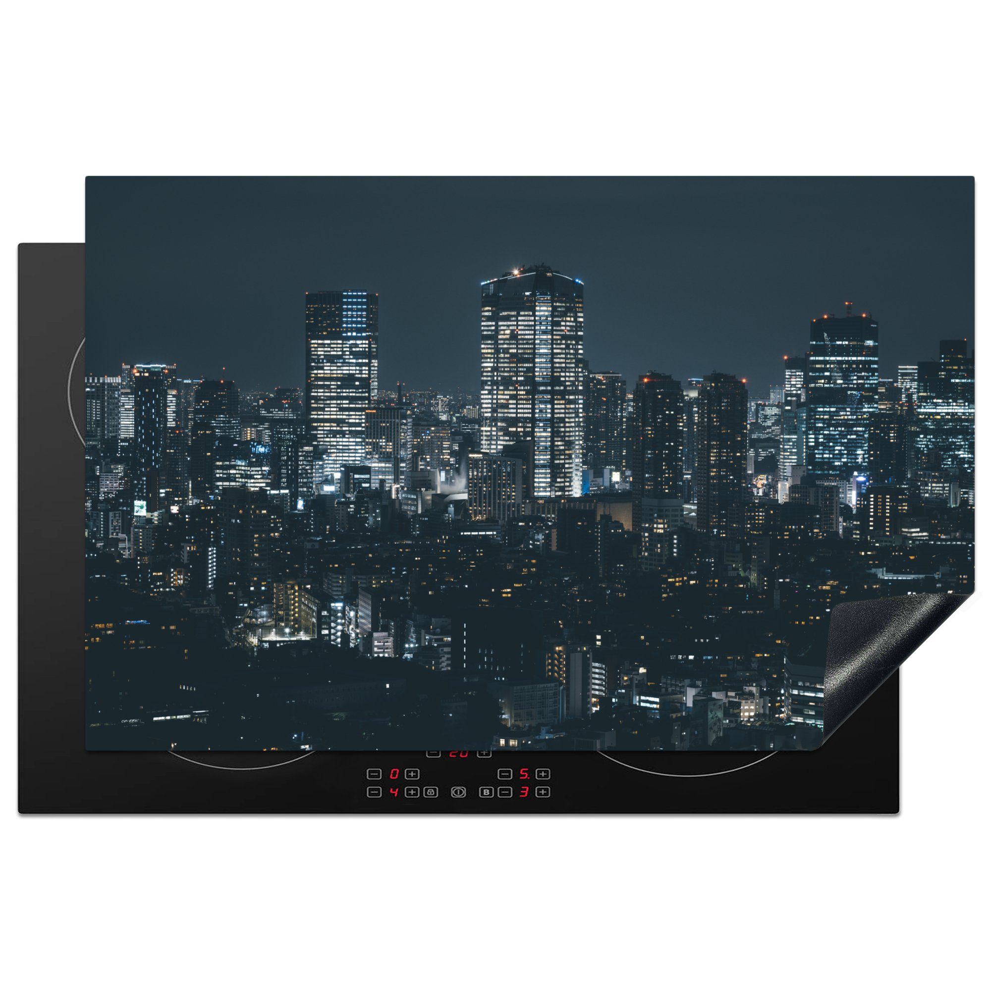 MuchoWow Herdblende-/Abdeckplatte Die schöne Skyline von Tokio in Japan bei Nacht, Vinyl, (1 tlg), 81x52 cm, Induktionskochfeld Schutz für die küche, Ceranfeldabdeckung