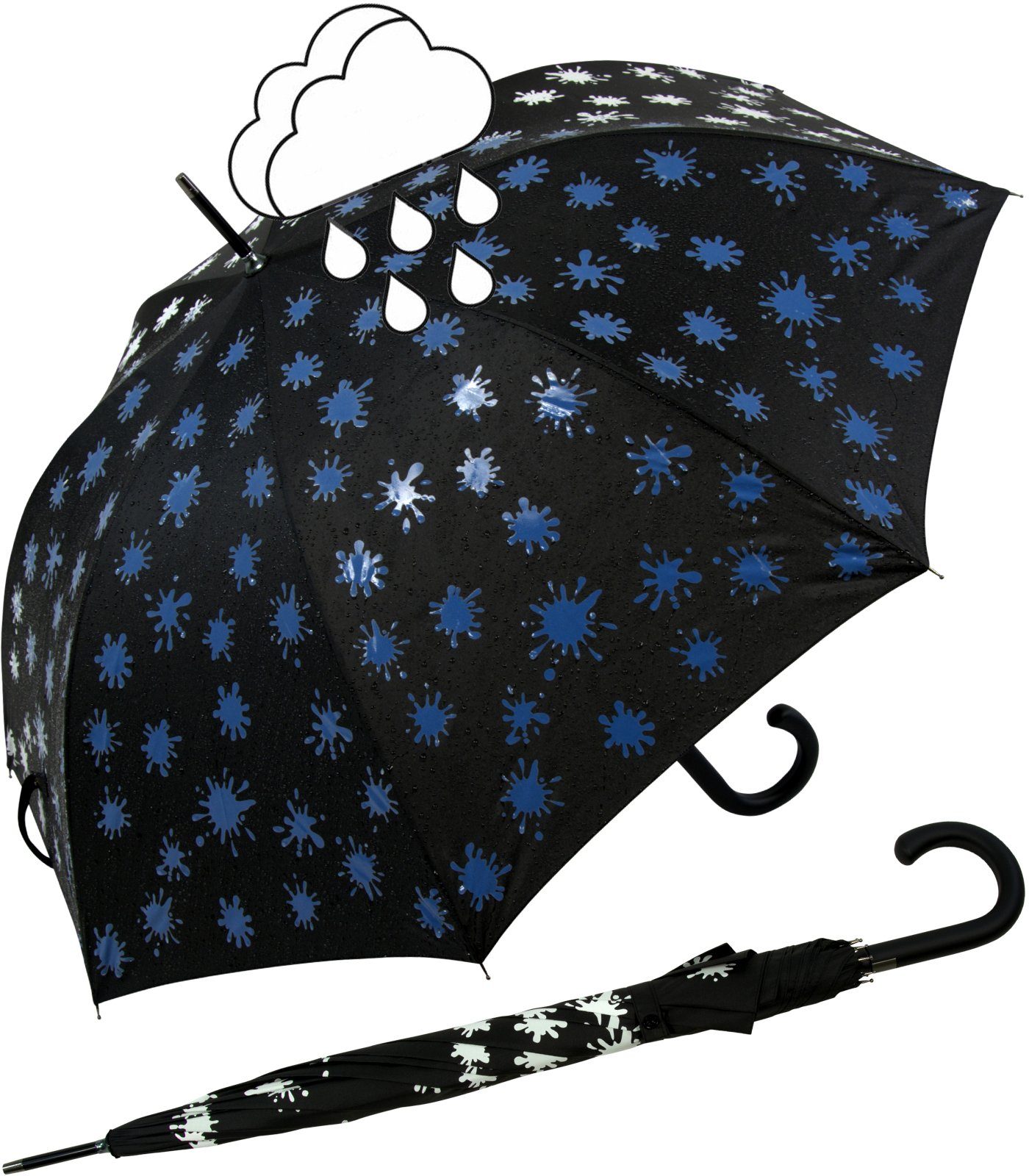 iX-brella blau Farbkleckse schwarz-weiß-blau bei Langregenschirm und Print, Automatik Wet - Farbänderung mit Damenschirm Nässe iX-brella
