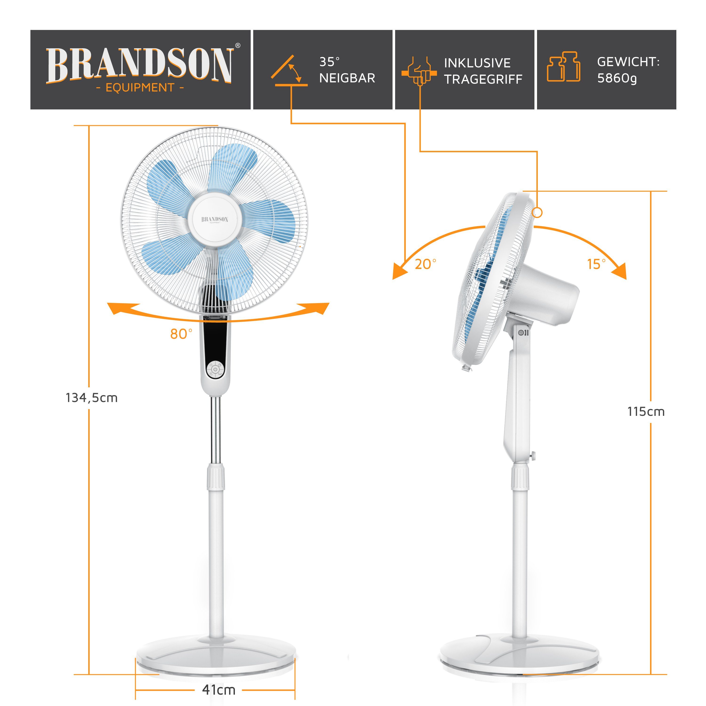 cm Höhe Kopf Durchmesser, Fernbedienung, Brandson & Display, Standventilator, Watt, verstellbar weiß 60 Oszillation, 40