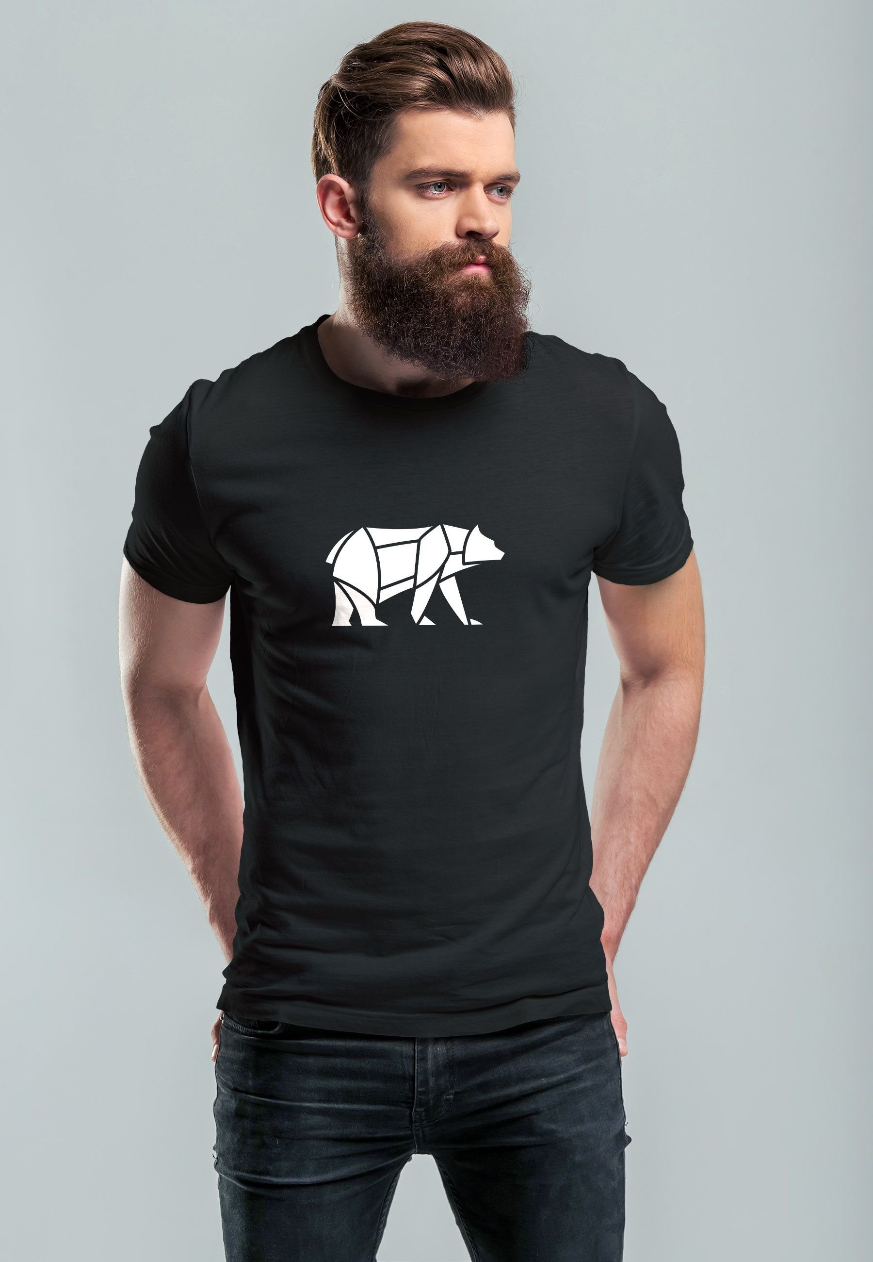 schwarz Print-Shirt Tiermotiv Bear mit T-Shirt 1 Herren Print Polygon Bär Neverless Polygon Fashion Outdoor Print Design
