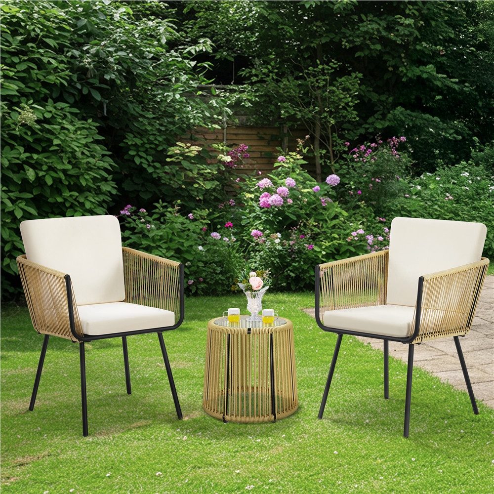 Yaheetech Balkonset 3-Teiliges Gartenmöbel-Set aus Rattangeflecht, Terrassenmöbel mit 2 Sesseln & 1 Couchtisch aus Hartglas