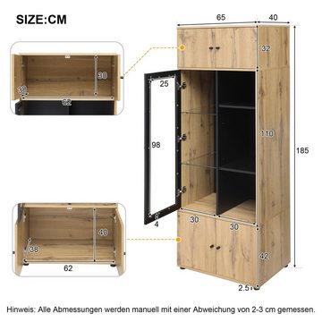 Merax Vitrine mit Glasablagen und verstellbaren Einlegeböden Buffet Vitrine mit großen Stauraum, Anrichte Altholzoptik, 185cm