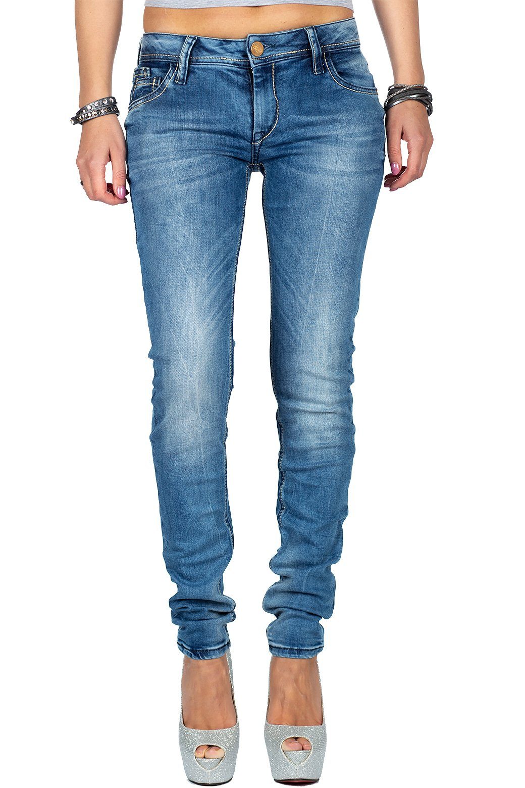 Cipo & Baxx Slim-fit-Jeans Damen Slim Fit Hose Stonewashed BA-WD344 Rosegoldene Knöpfe