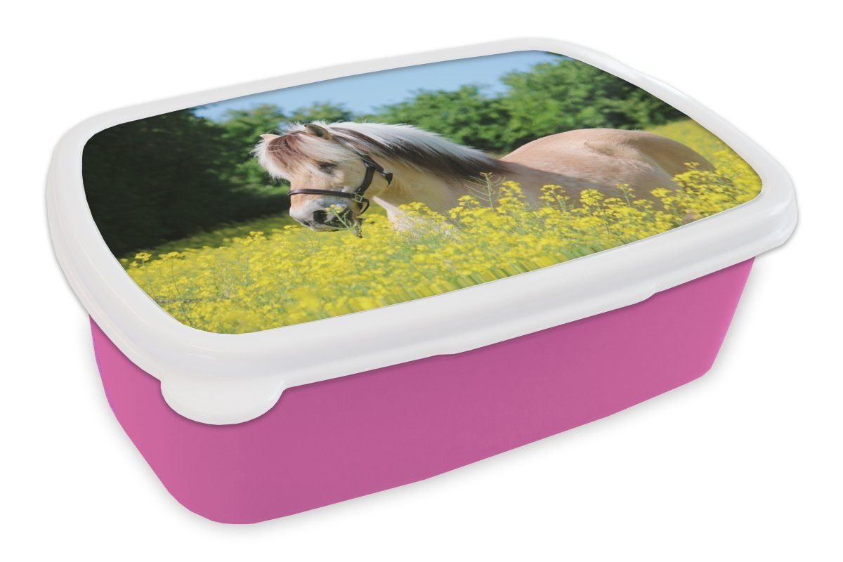 MuchoWow Lunchbox Pferd - Kunststoff - Gelb, rosa (2-tlg), Snackbox, Brotbox Brotdose Kunststoff, Erwachsene, für Kinder, Blumen Mädchen