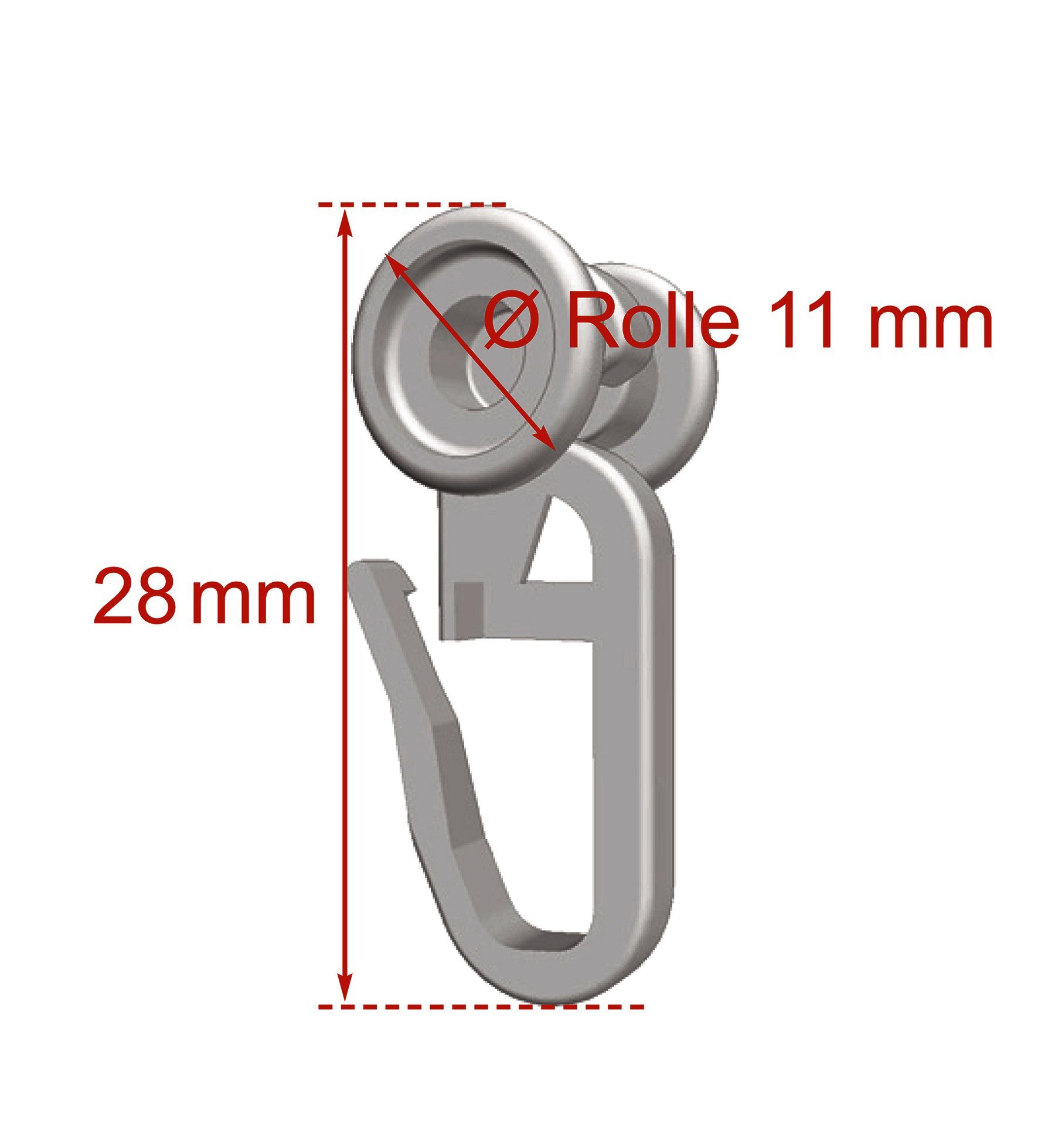 nodeko Gardinenröllchen 100 Gardinenrollen für U-Schienen, U-Faltenrollen, für Gardinenschiene U-Form, (Packung, 100-St., 100 U-Rollen mit Faltenhaken), Ø Rolle 11 mm