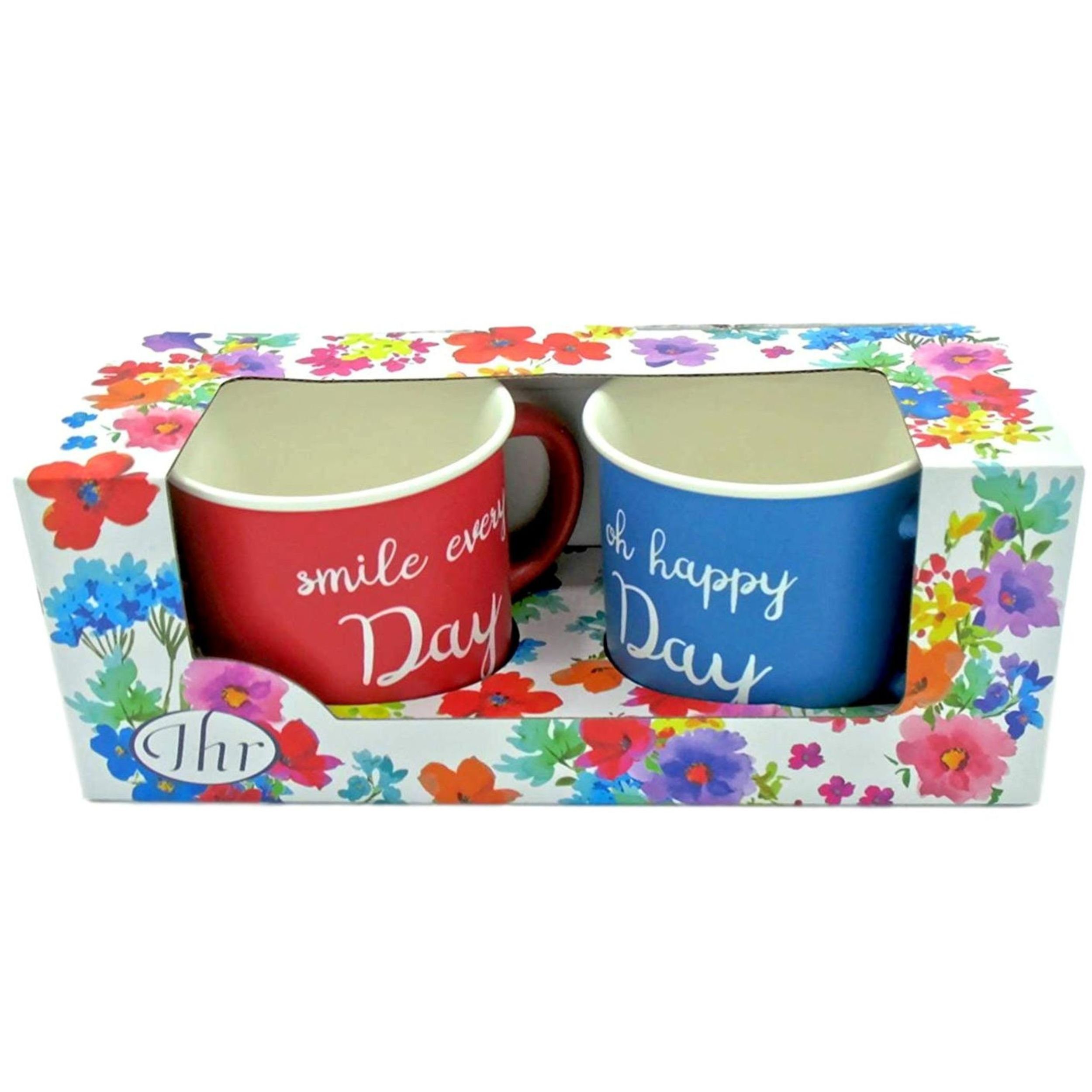 IHR Becher 2er Set Porzellan Becher 'Oh Happy Day' & 'Smile Everyday', Blau/Rot