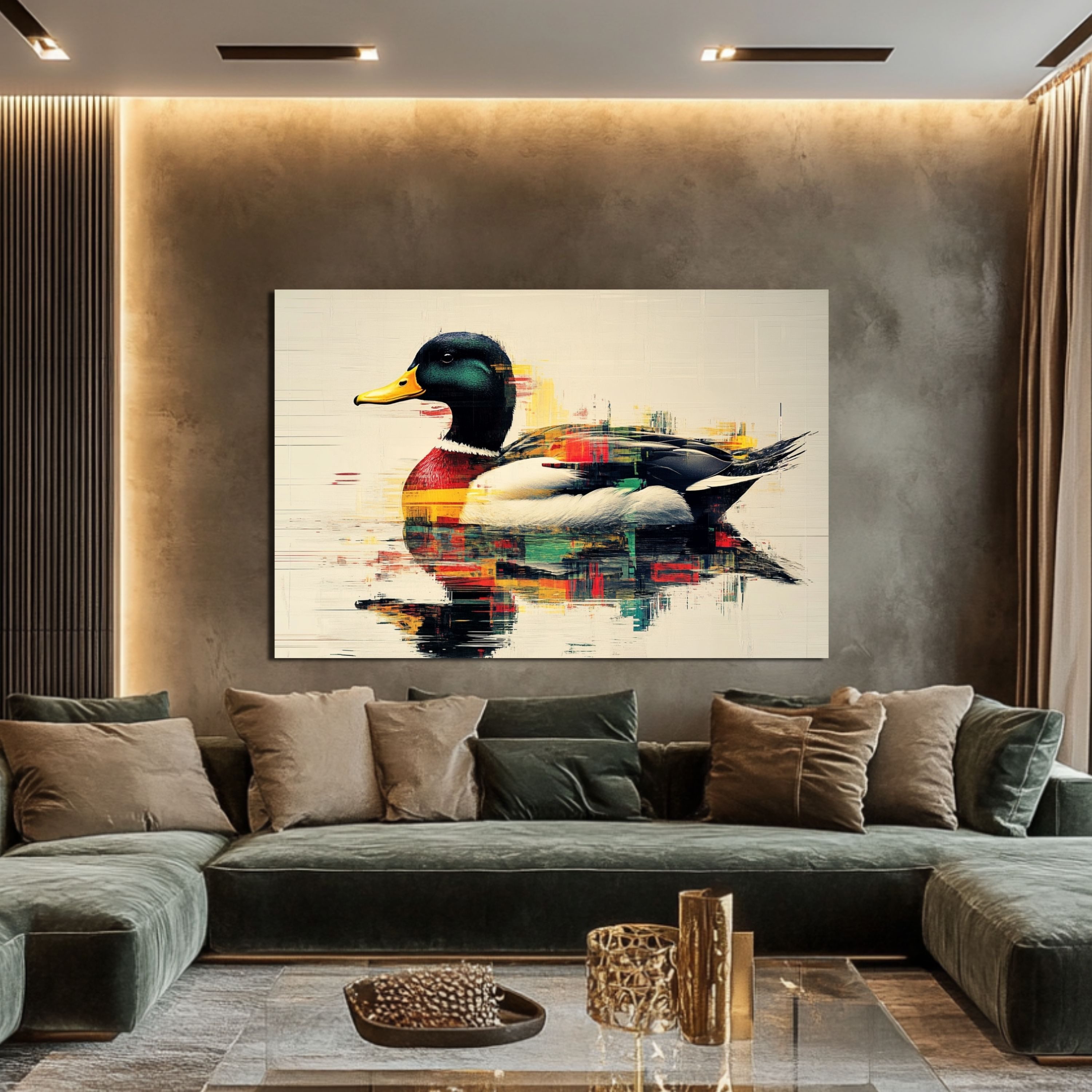 DARO Design Leinwandbild Modern Abstrakt Wandbilder XXL Wandbild Wand Deko Leinwand Bilder, (Ente Warhol Glitch - Bild groß Wohnzimmer Schlafzimmer Küche Esszimmer Einteilig Querformat Fotodruck Leinwände Wanddeko Abstrakte Kunst Boho), 60x40cm
