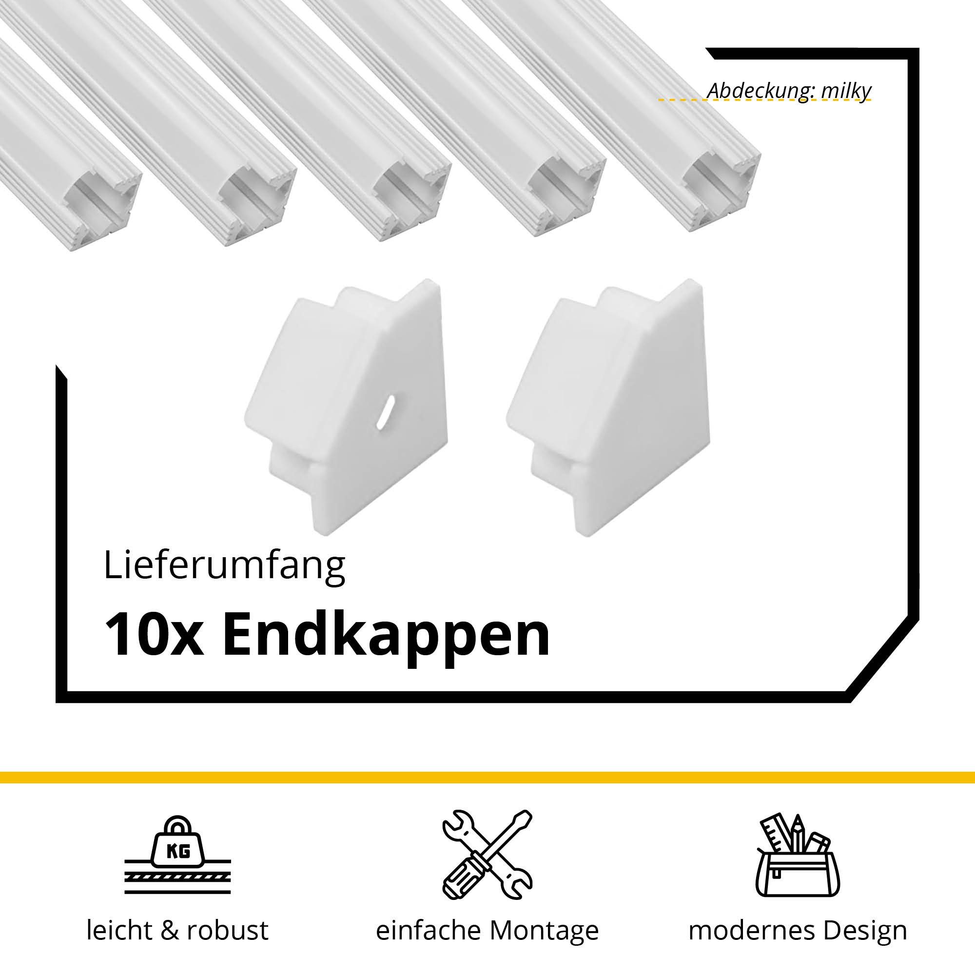 tktrading24 LED-Stripe-Profil 5x A19 LED Profil 2m - Weiss inkl. Abdeckung, Halter & Endkappen