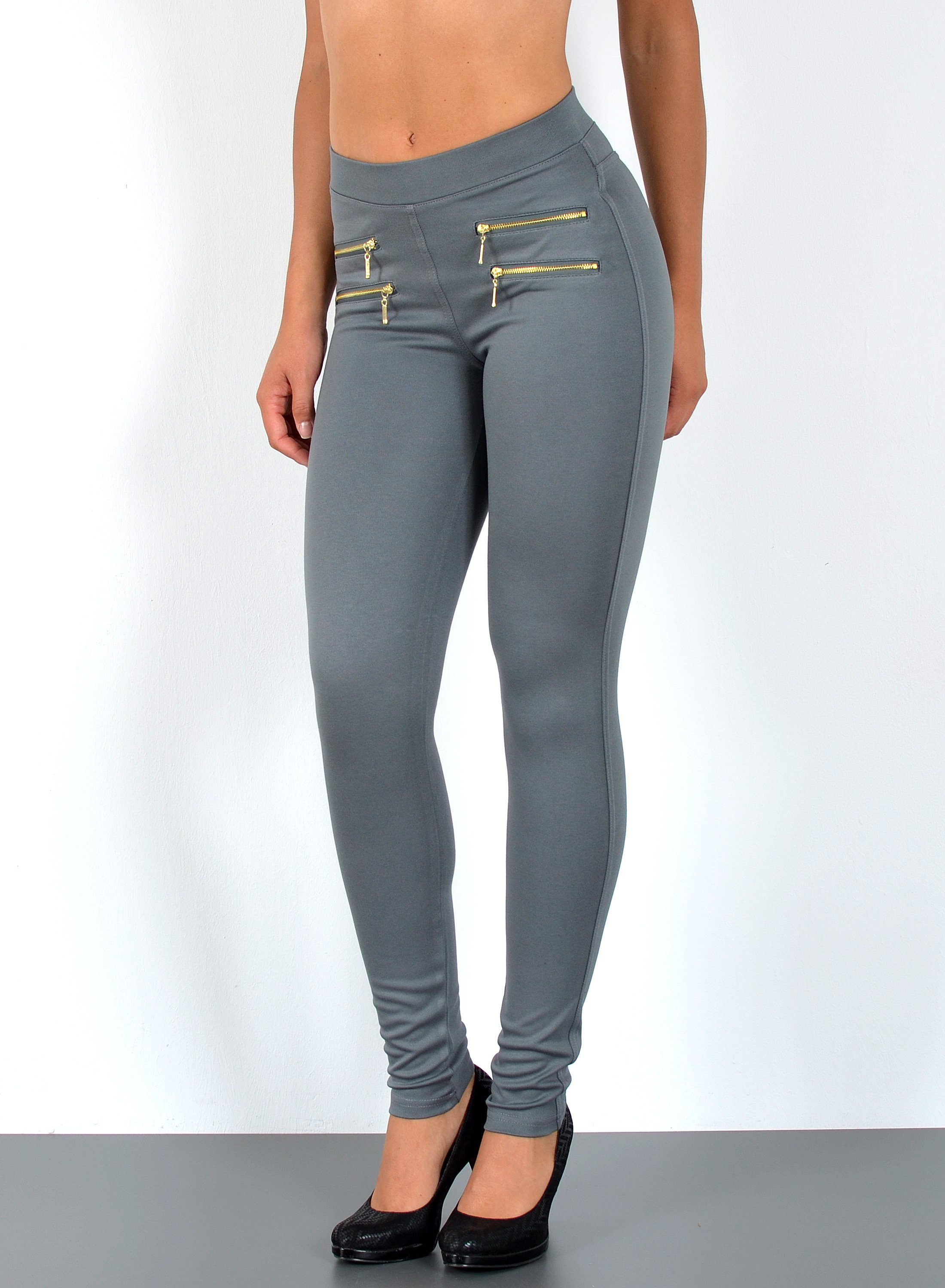 ESRA Stretch-Hose J189 und Grau bis Größen, Leibhöhe Übergröße Treggings Große Gummi-Bund Bund, / High Damen Stretch-Hose Hoch-Bund, mit Hose enge Hose Sehr bis Skinny Stretch mit elastischem hohe Damen Plussize, Waist Damen