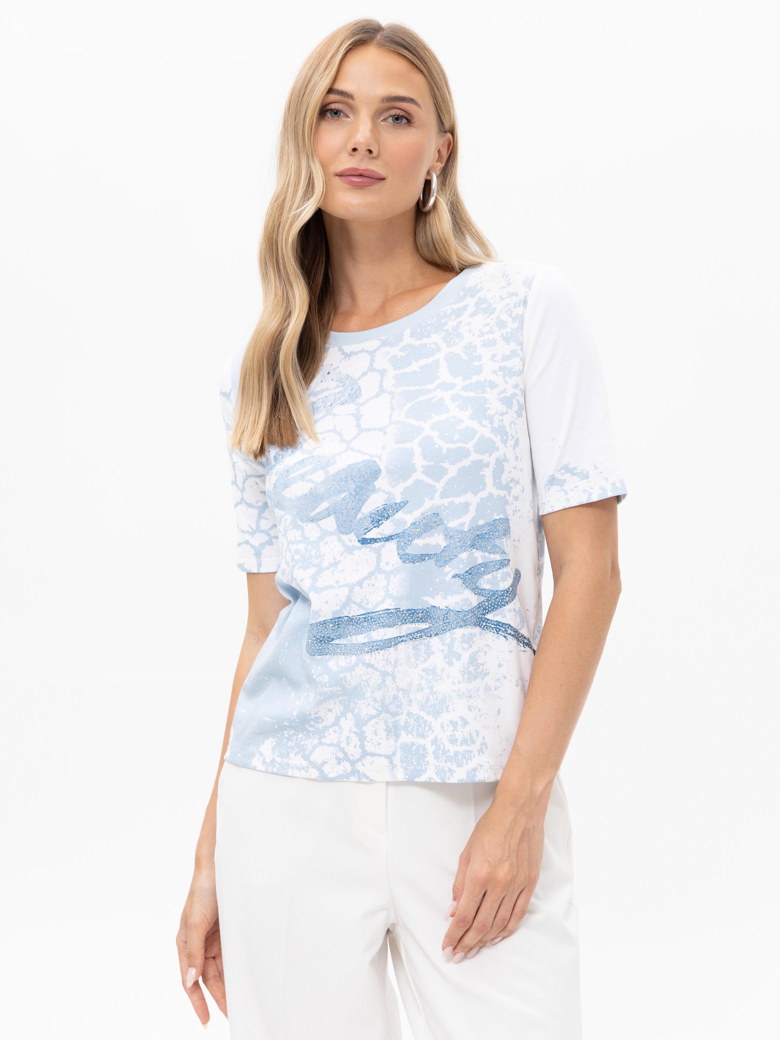Passioni T-Shirt mit Print und Glitzersteinen Weißes Sommer T-Shirt mit hellblauem Muster