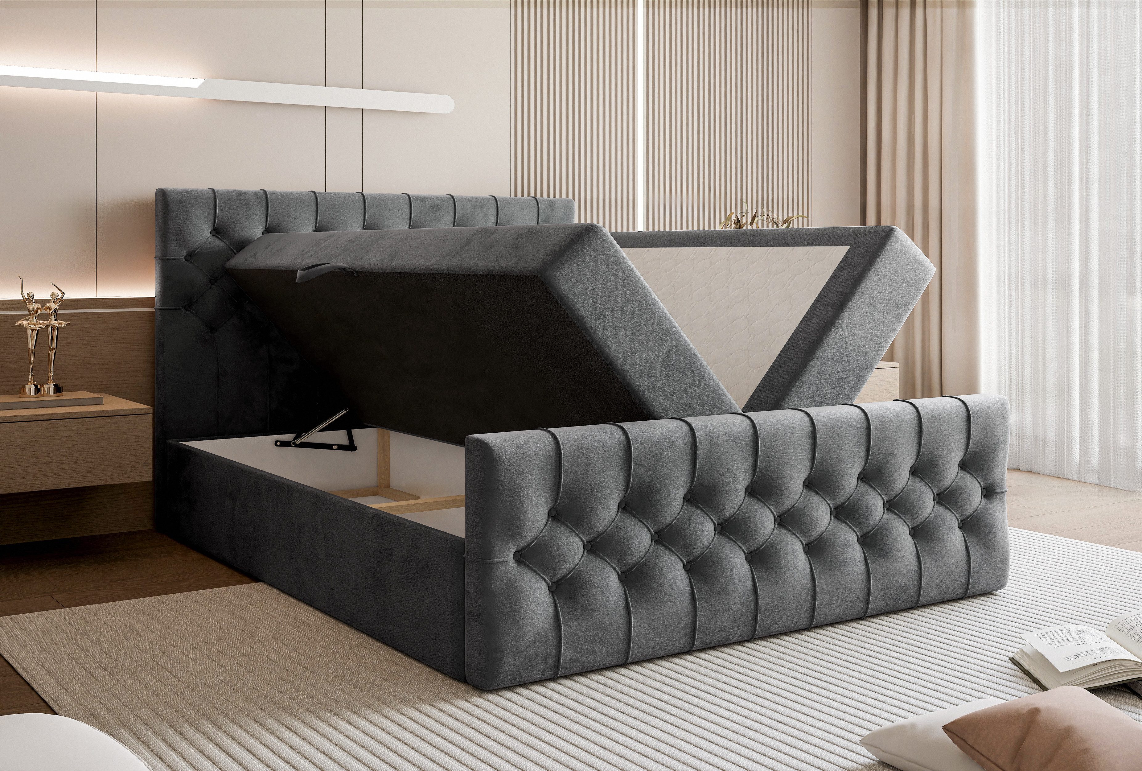 Goldstoff Boxspringbett TAURIEL mit Federkernmatratze & Topper, zwei Bettkästen (von 120 bis 200x200 cm), modernes Doppelbett aus Velvet Stoff mit edlem Kopftei – Bild 5 von 5