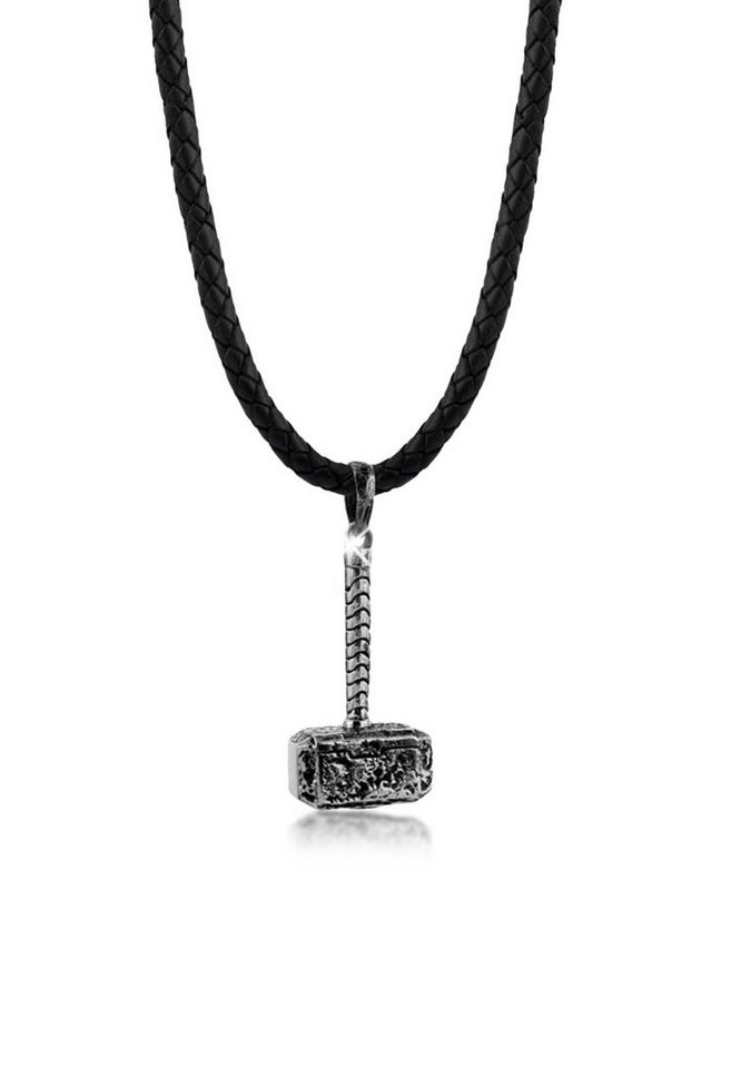 Kuzzoi Kette mit Anhänger Lederkette Hammer Anhänger Matt Oxidiert 925  Silber, Handgefertigter Anhänger aus 925er Sterling Silber