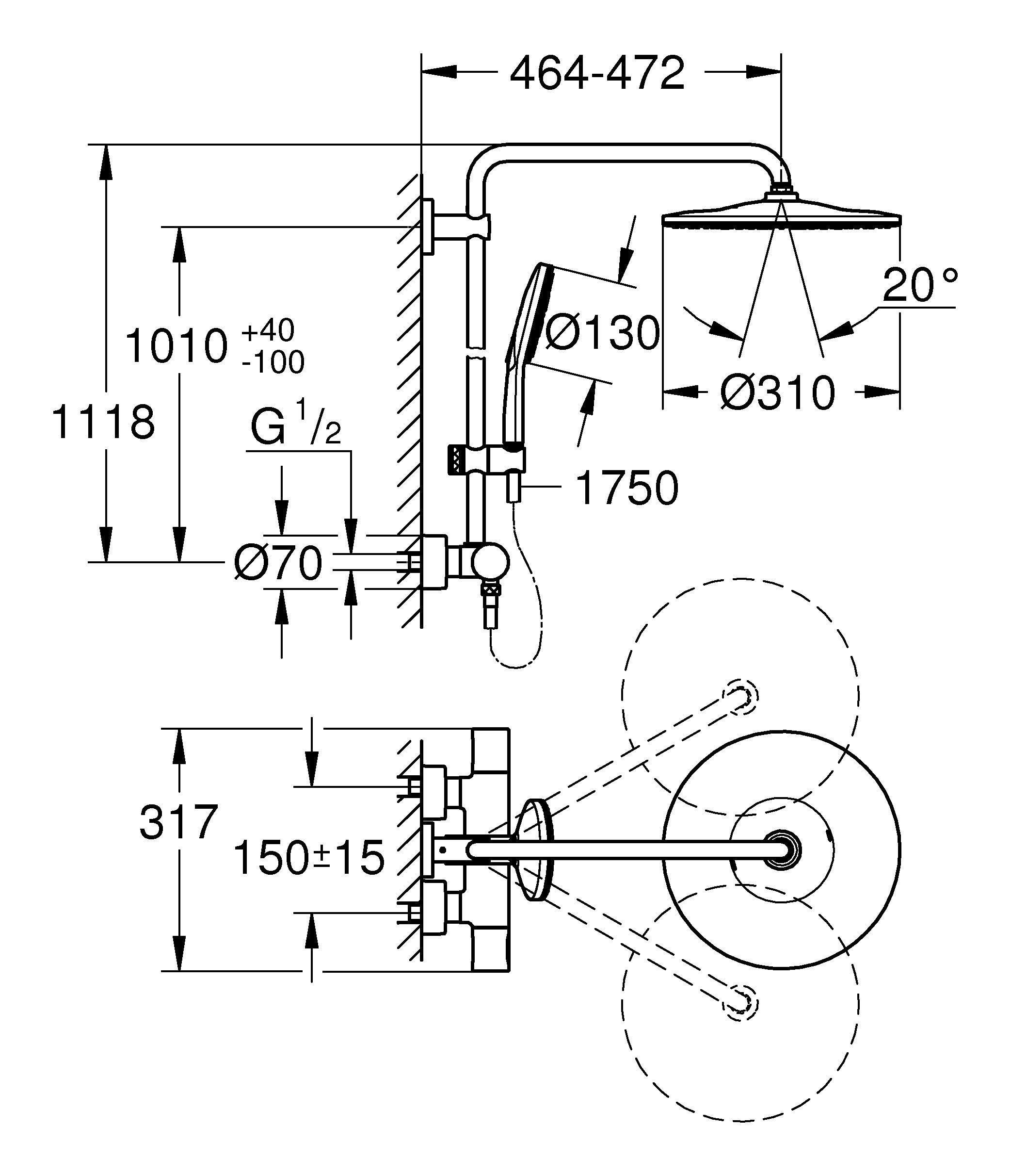 Grohe Duschsystem Rainshower SmartActive 310, Höhe 111.8 cm, Mit Thermostatbatterie Rund mit Mono Kopfbrause