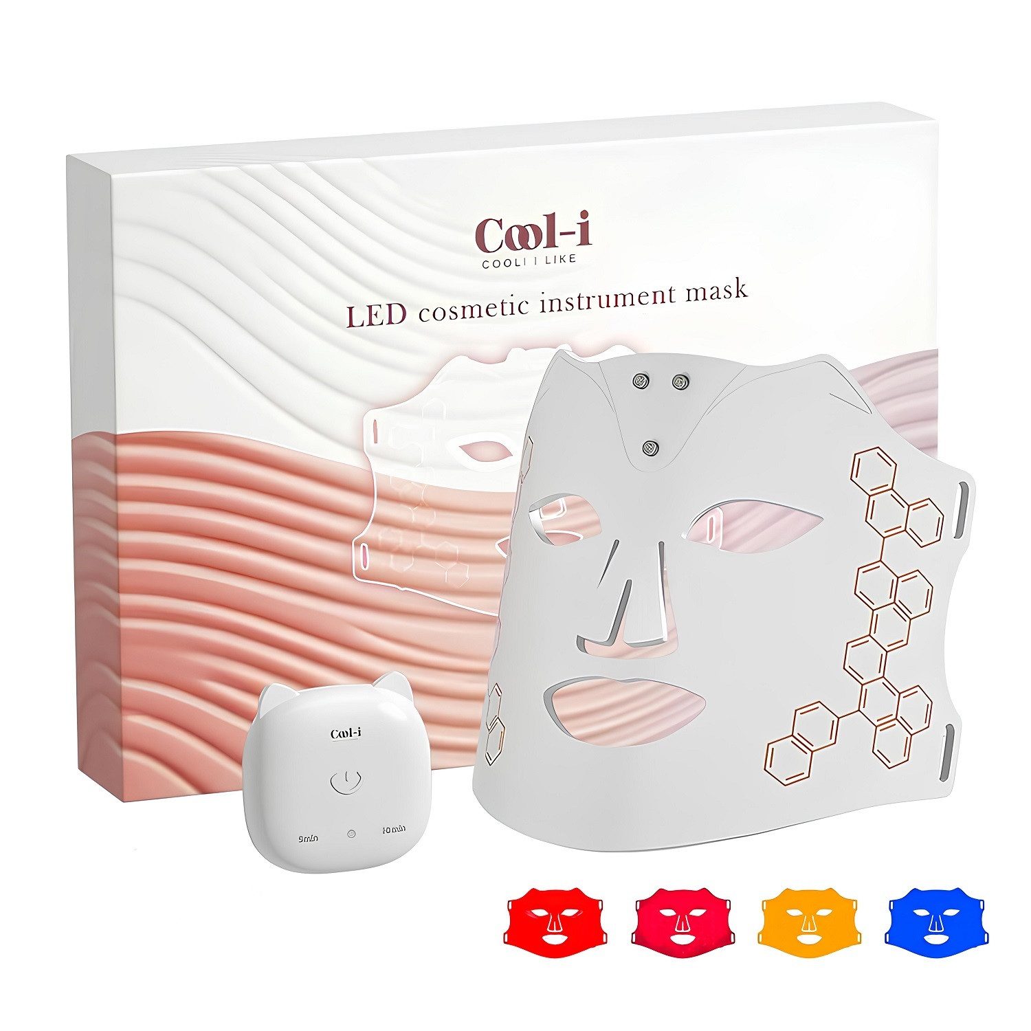 COOL-i ® Kosmetikbehandlungsgerät Kabellose LED-Gesichtsmaske – Lichttherapie mit 4 Farben, FDA/HSA, Infrarot