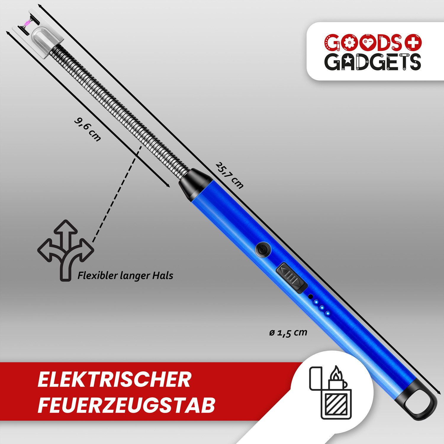 Goods+Gadgets Feuerzeug GOODS+GADGETS Elektrisches Stick-Feuerzeug mit Abschaltautomatik (Aufladbar über USB, 360° Flexibler Hals), Sturmfest & Sicher