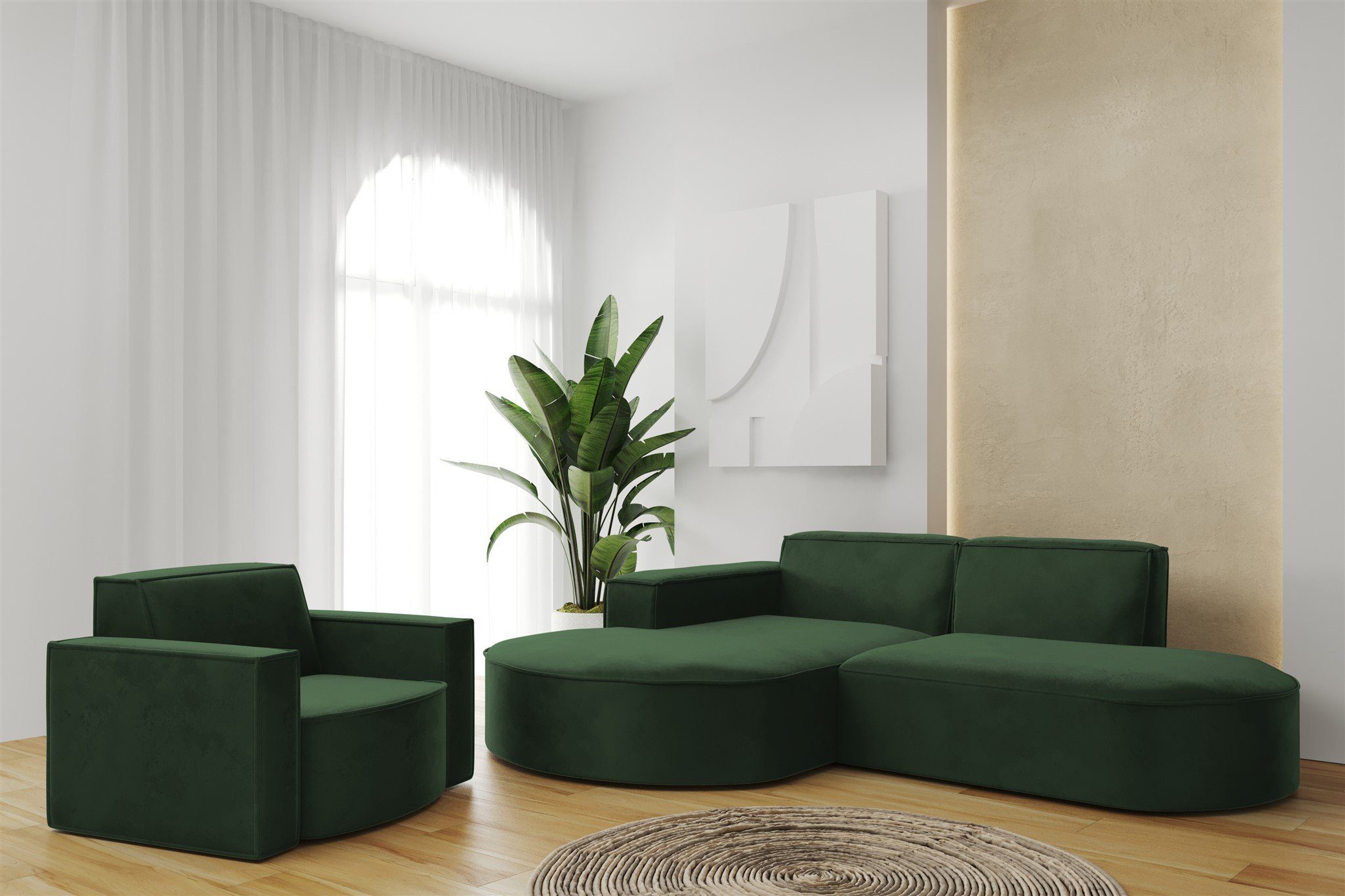 Fun Möbel Polstergarnitur Sofaset Designerecksofa PALMA XS plus Sessel in Stoff Opera Velvet, (Rundumbezug, mane Links oder Rechts) Grün