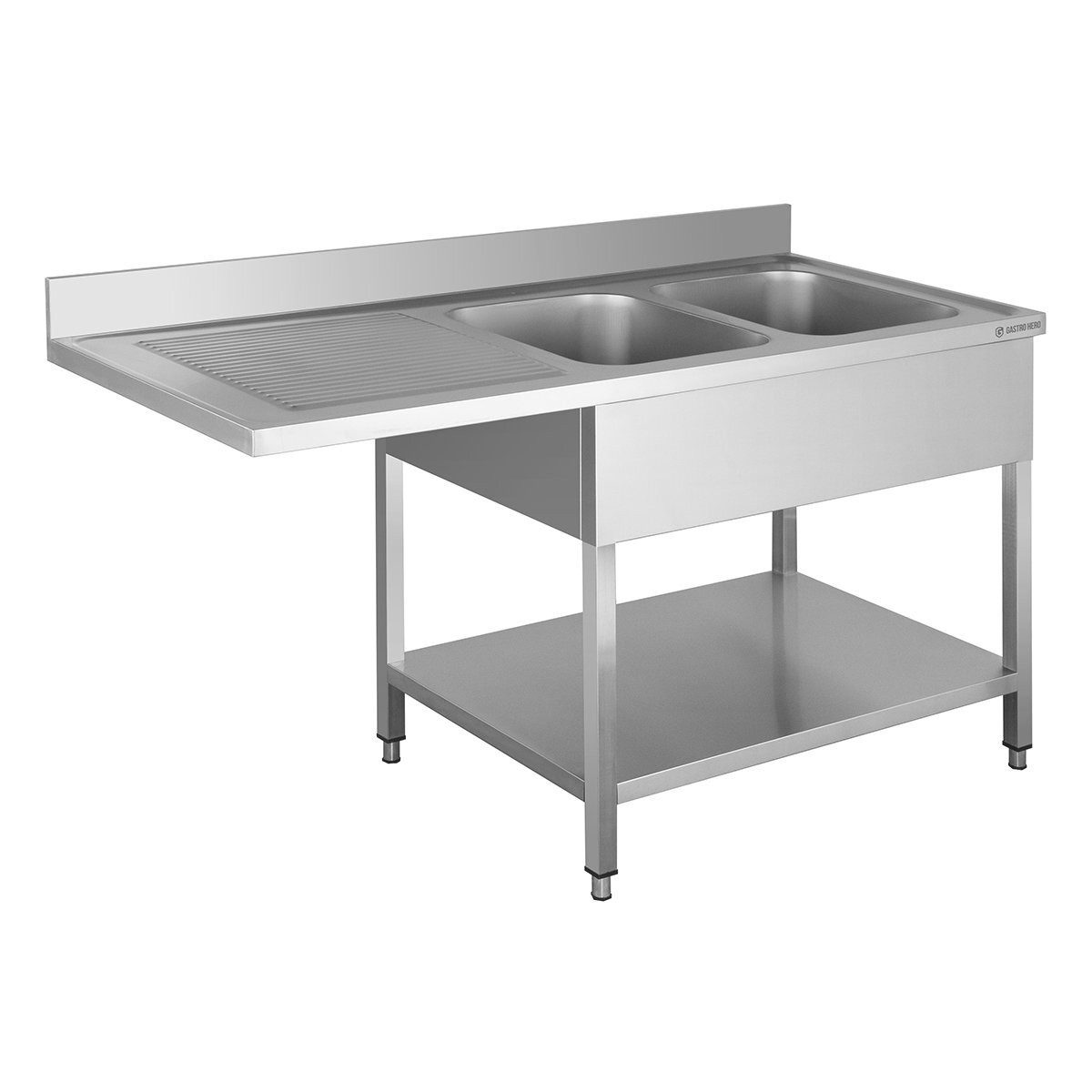 GastroHero Arbeitstisch Spülbecken Edelstahl Gastro 160 cm 2 Becken rechts Ablage