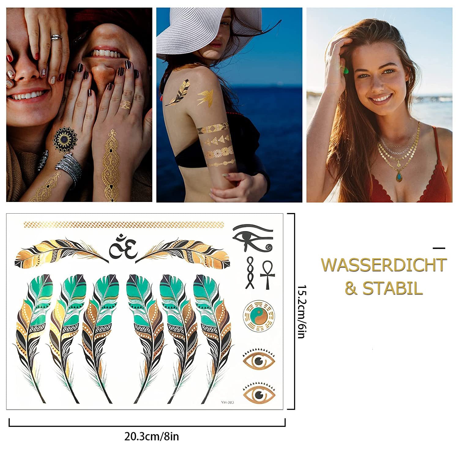 TUWENA Schmuck-Tattoo Tattoo Temporäre Metallic Flash Wasserdichte Klebetattoo 16 Blätter, 16-tlg., für Festival und Party Accessoire